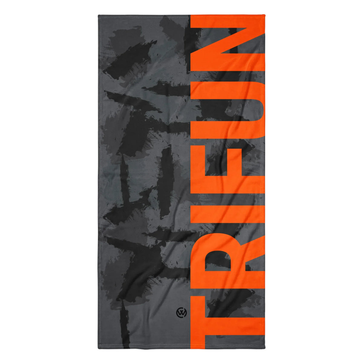 Graues CREWILD TRIFUN Handtuch mit orangefarbenem Schriftzug und abstraktem Muster