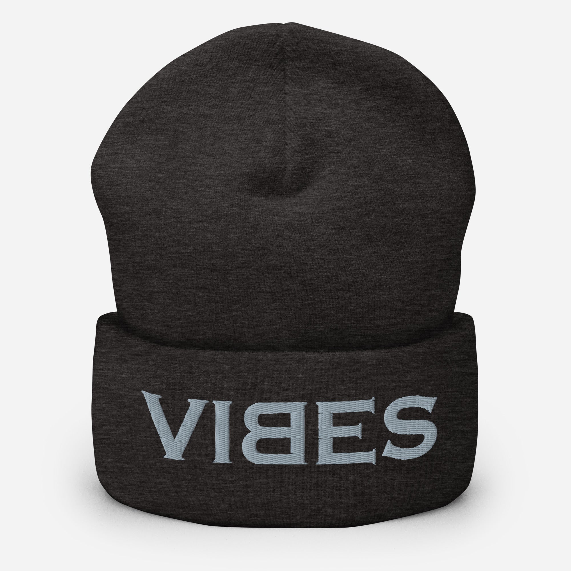 Graue CREWILD Beanie Mütze mit hellgrauer VIBES Stickerei auf dem Umschlag