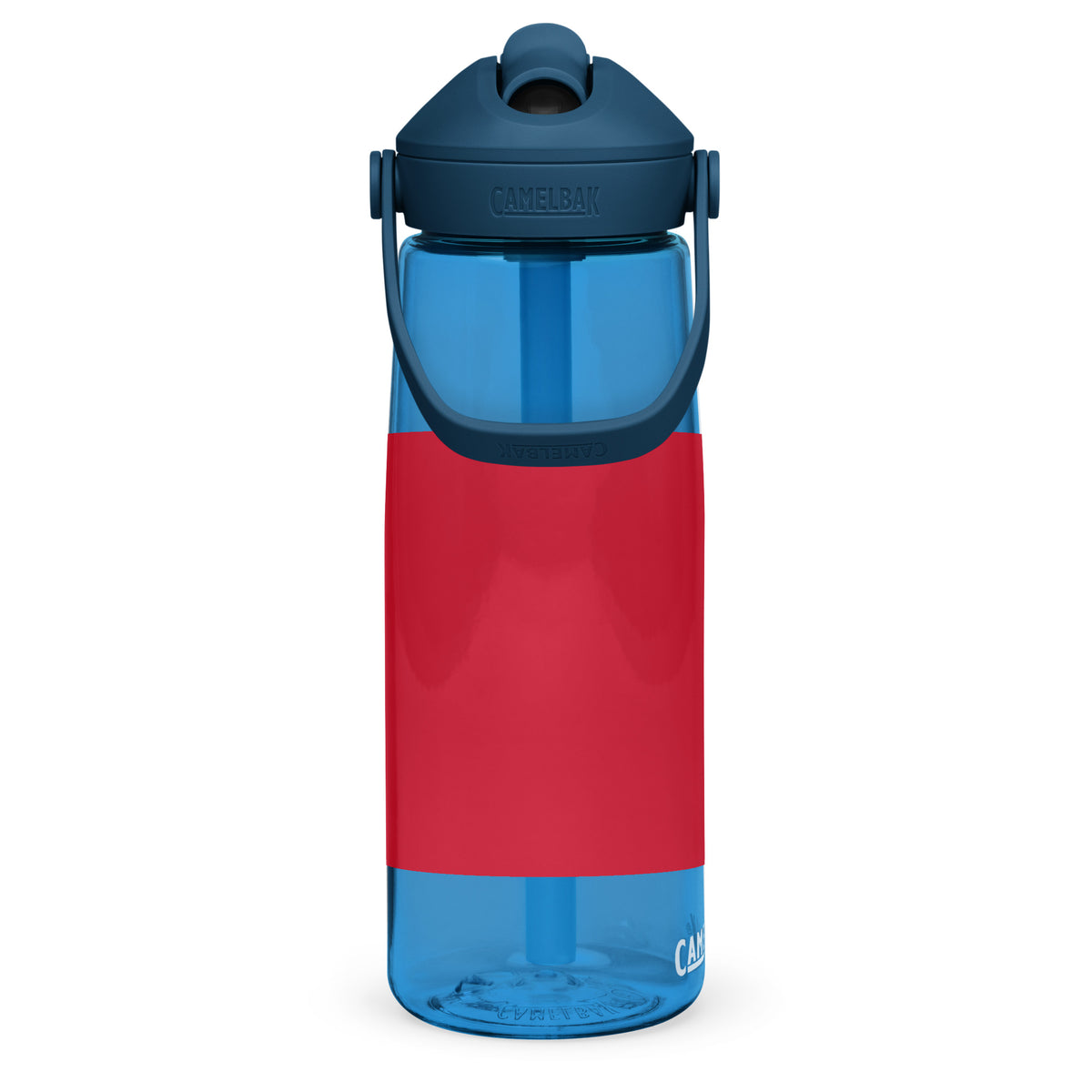 Blaue CREWILD Trinkflasche mit umklappbarem Trinkhalm und rotem Bereich für individuellen Druck