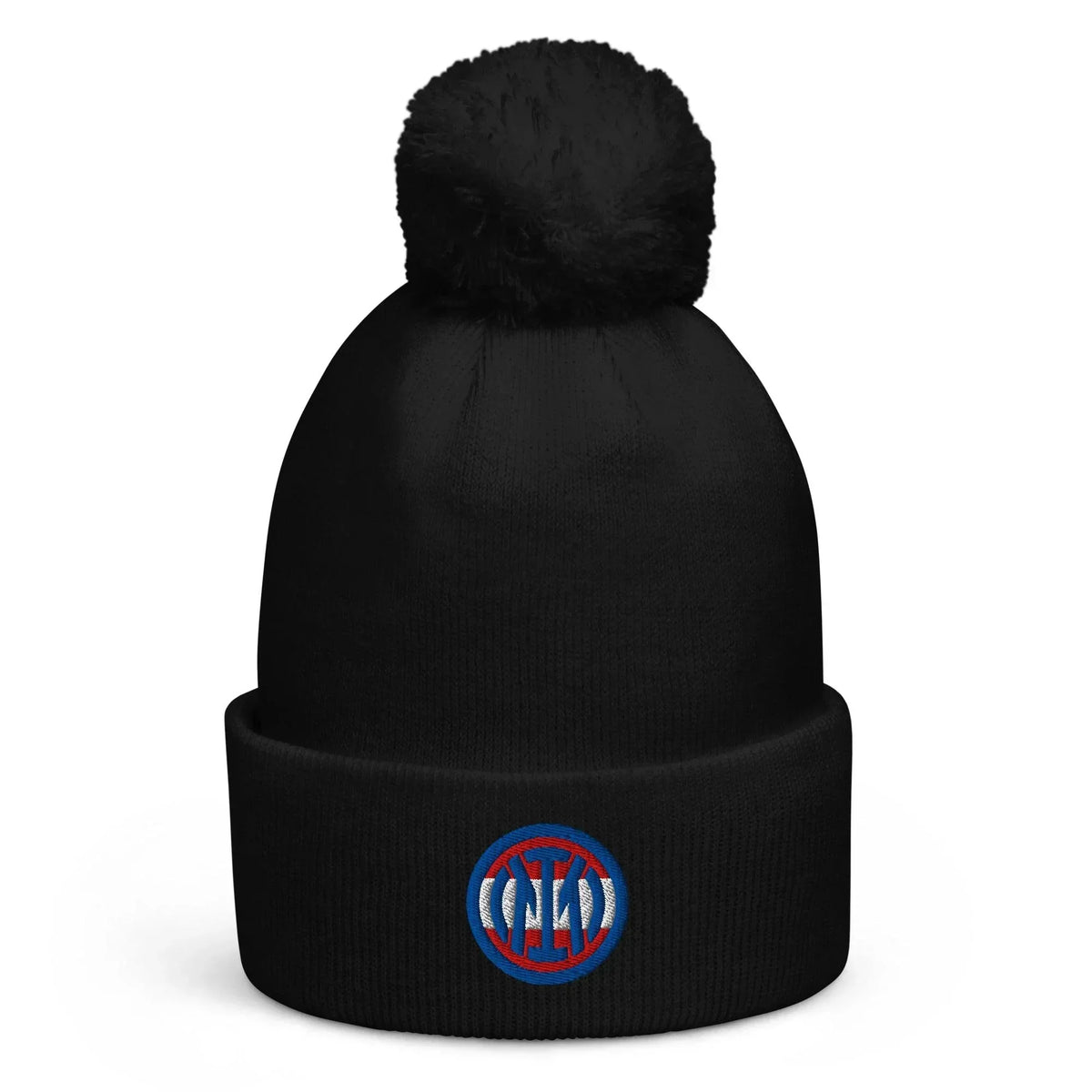 Schwarze CREWILD Beanie Mütze mit Bommel und rundem Logo-Patch