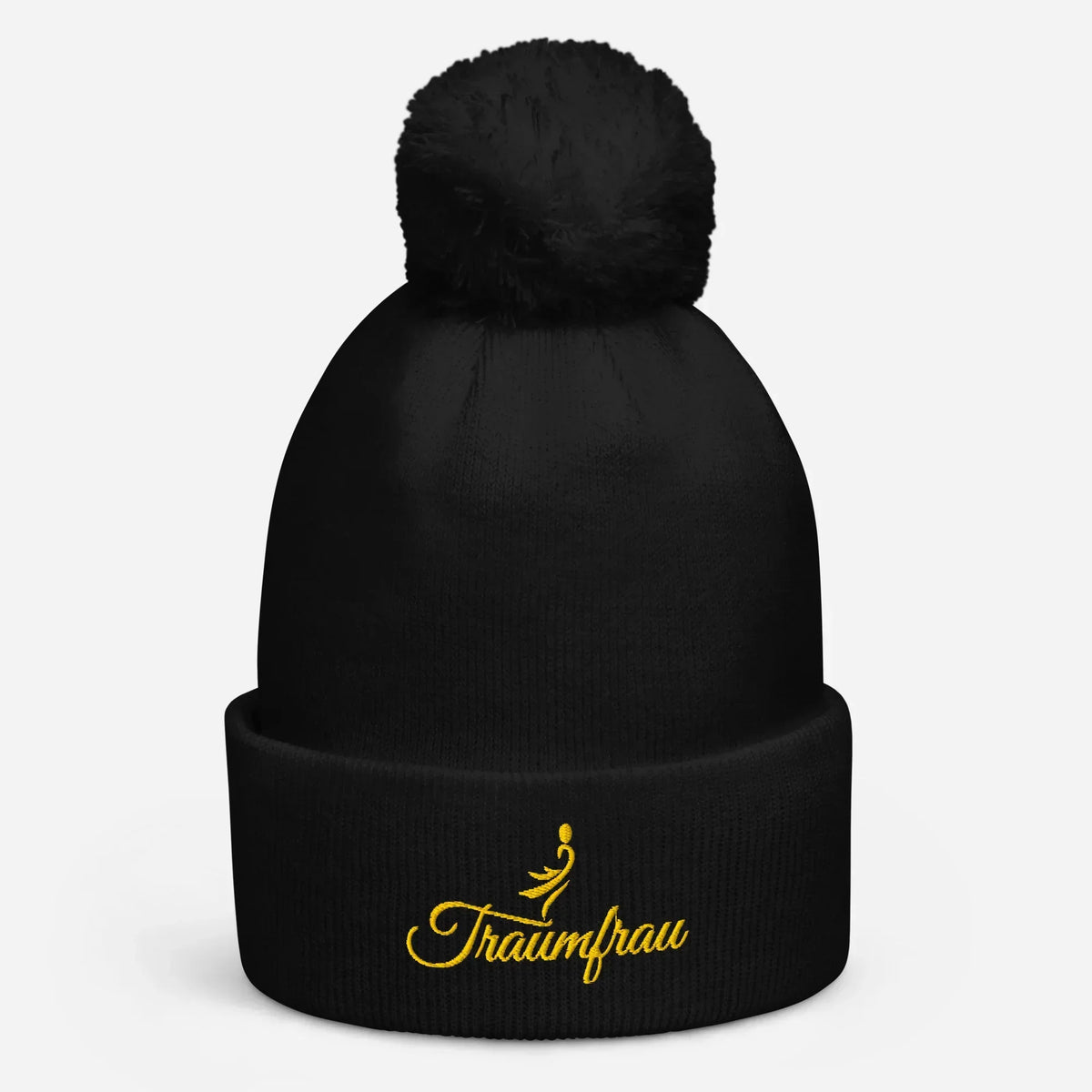 Schwarze CREWILD Bommel-Beanie mit goldenem "Traumfrau" Schriftzug und Silhouette