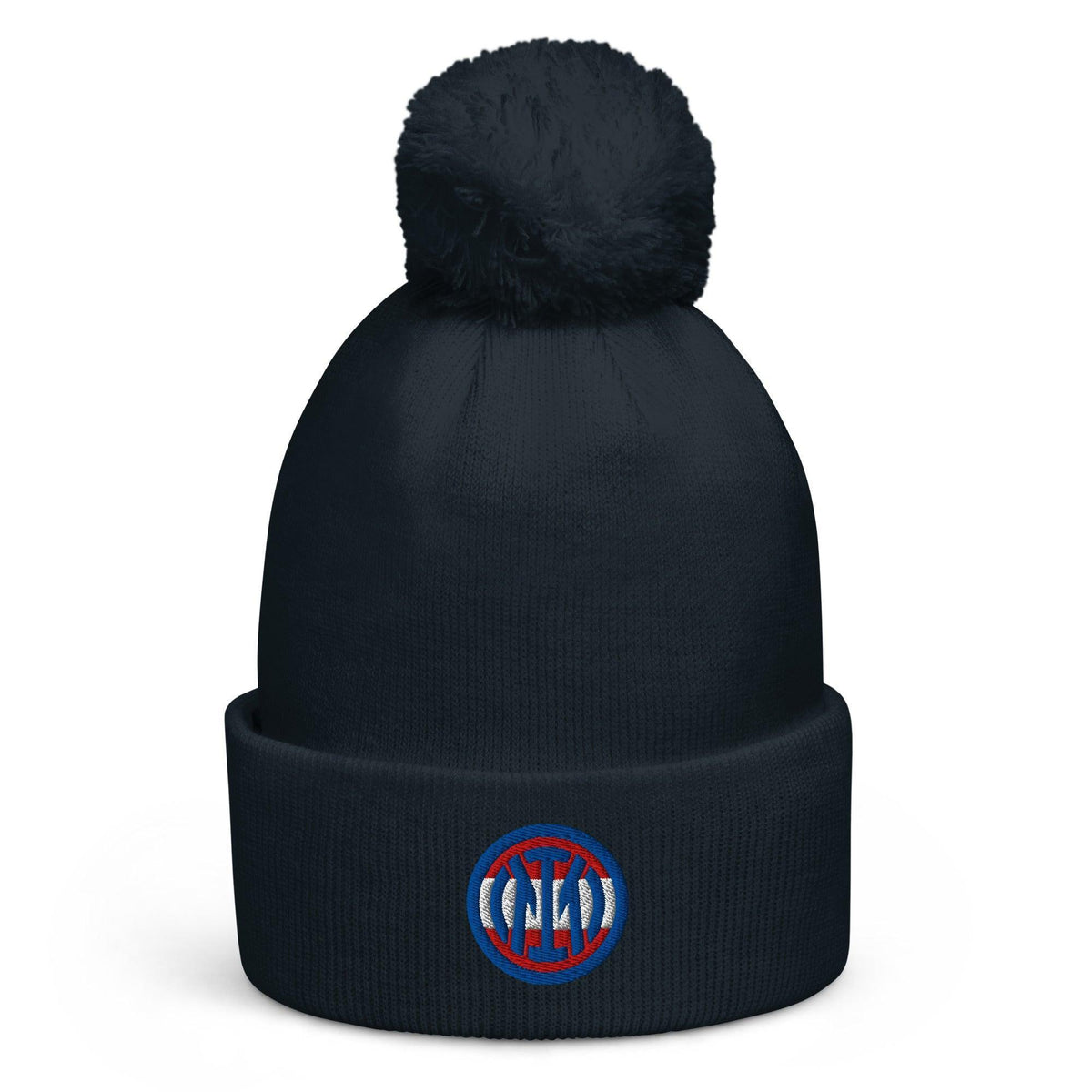 Dunkelblaue CREWILD Beanie mit Bommel und rundem Logo-Patch auf dem Umschlag.