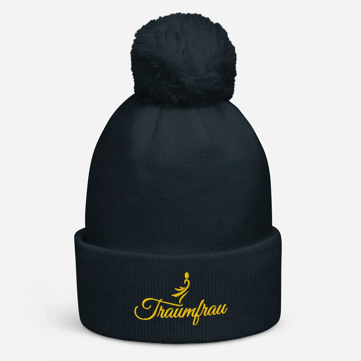 Dunkelblaue CREWILD Bommel-Beanie mit gelbem "Traumfrau" Schriftzug und Grafik