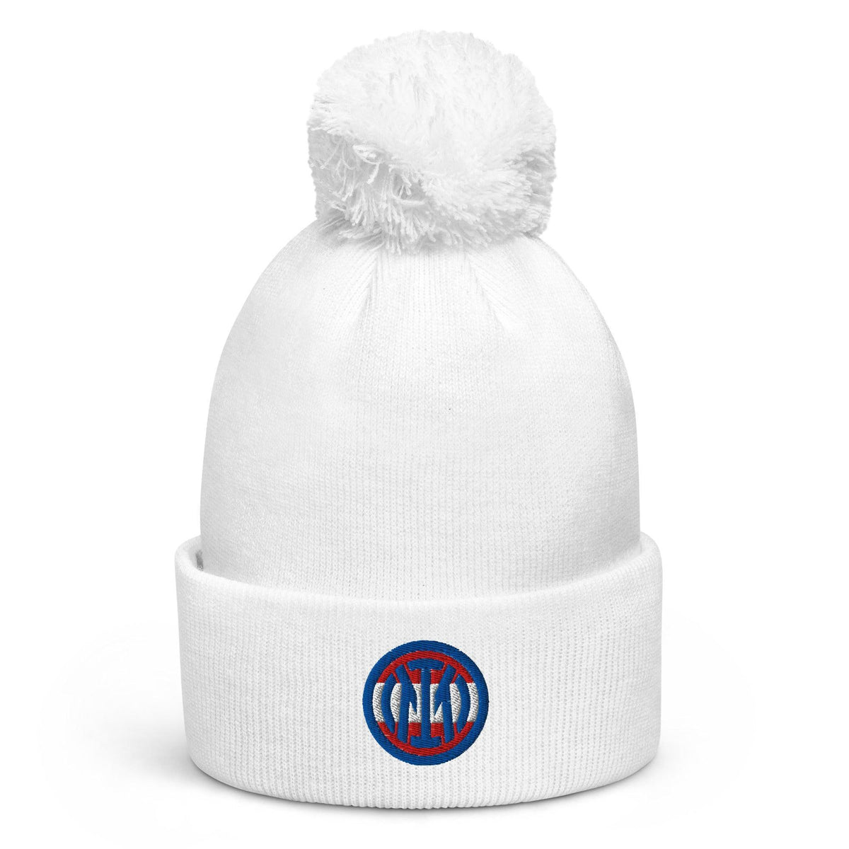 Weiße CREWILD Beanie Mütze mit Bommel und rundem Logo-Patch
