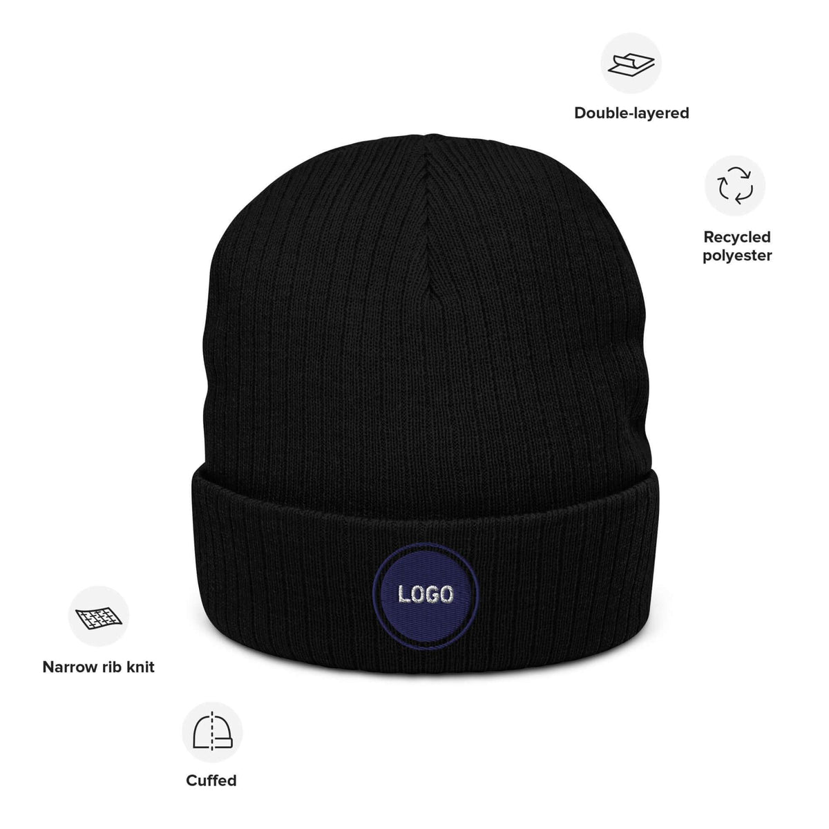 Schwarze Beanie-Mütze aus recyceltem Polyester mit schmalem Rippstrick und Umschlag.