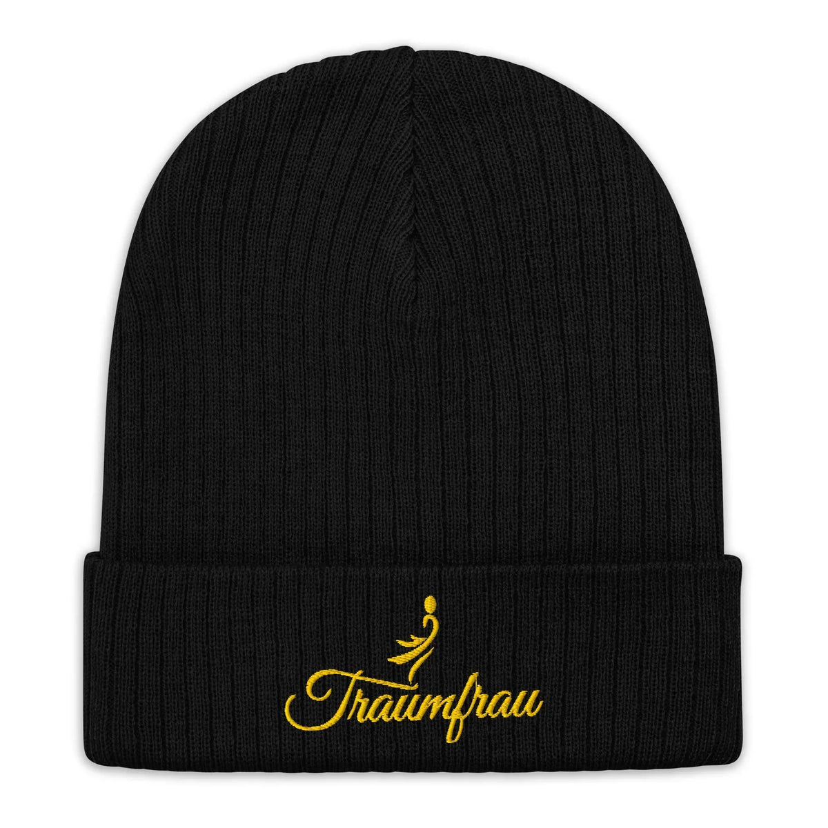 Schwarze CREWILD Beanie Strickmütze mit goldener Traumfrau Stickerei