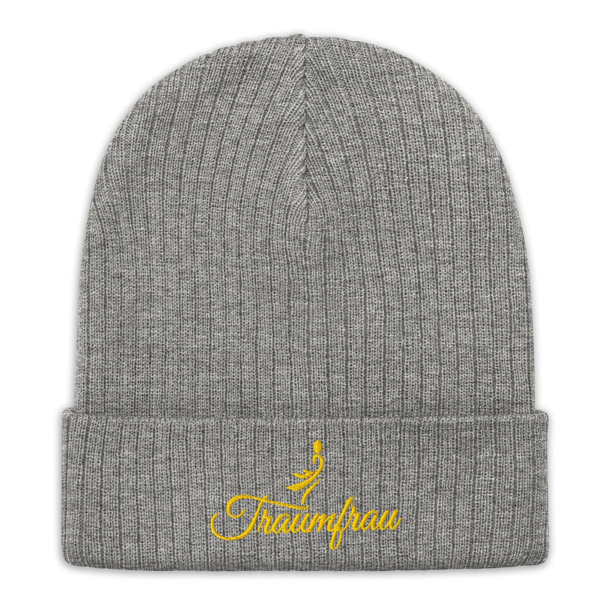 Graue CREWILD Beanie Strickmütze mit gelbem "Traumfrau" Stickerschriftzug