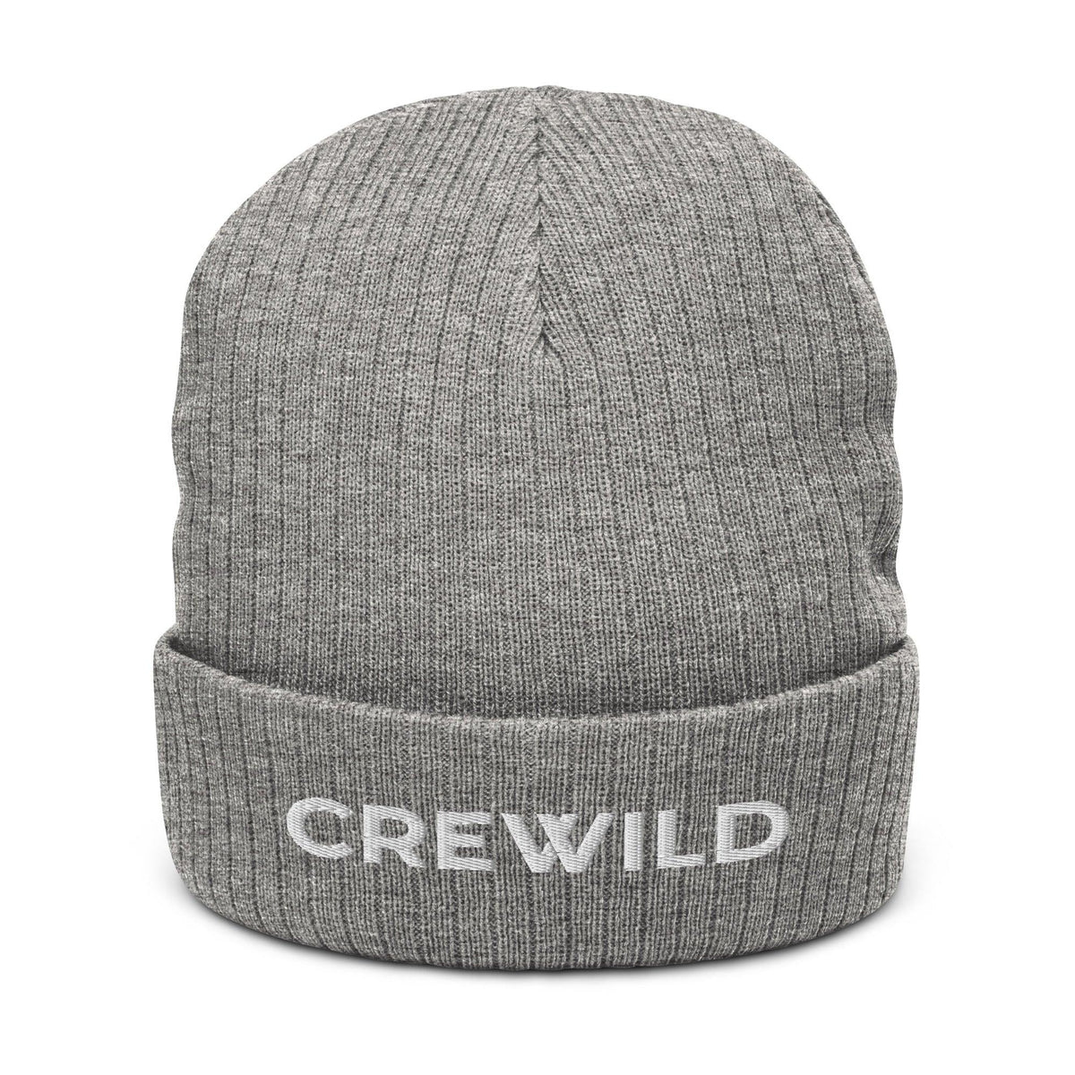 Graue CREWILD Beanie Strickmütze mit weißem Logo-Schriftzug auf dem Umschlag