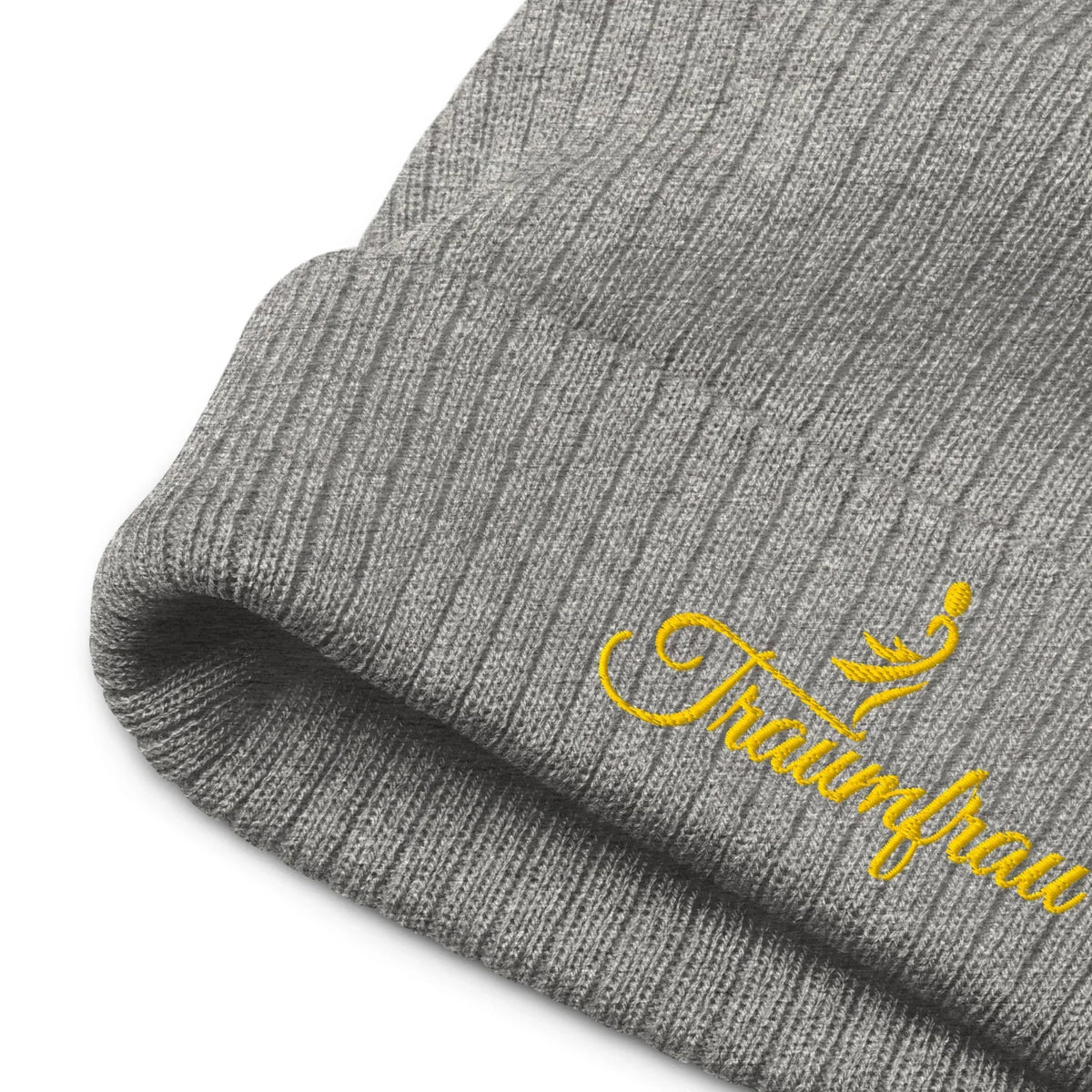 Graue CREWILD Beanie Strickmütze mit gelber "Traumfrau" Stickerei