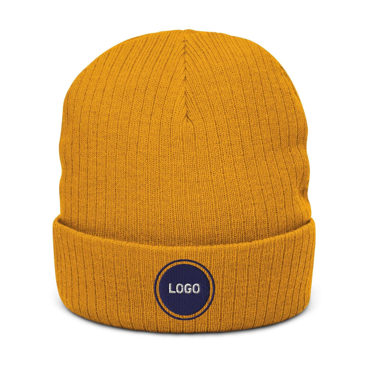 Gelbe Strickmütze mit personalisierbarem Logo-Patch auf dem Umschlag