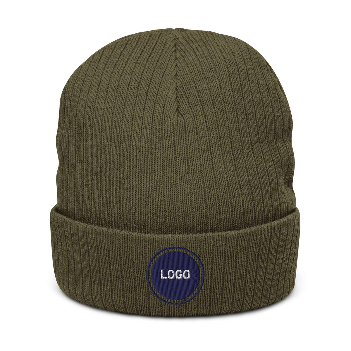 Olivgrüne Strickmütze mit umklappbarem Rand und personalisierbarem Logo-Patch
