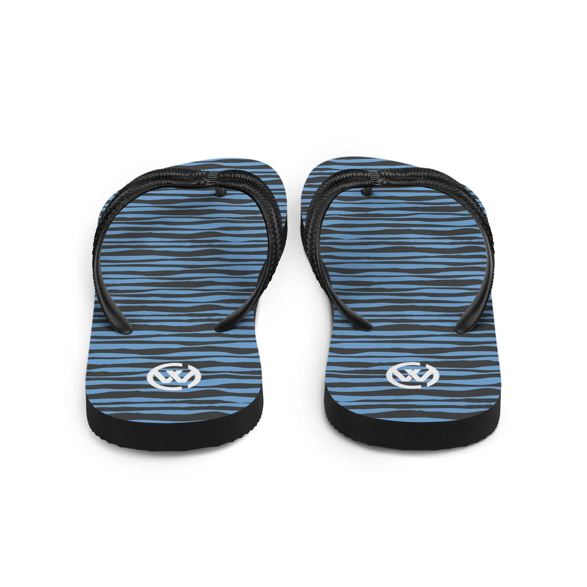 CREWILD Flip-Flops mit blau-schwarzem Wellenmuster und weißem Logo