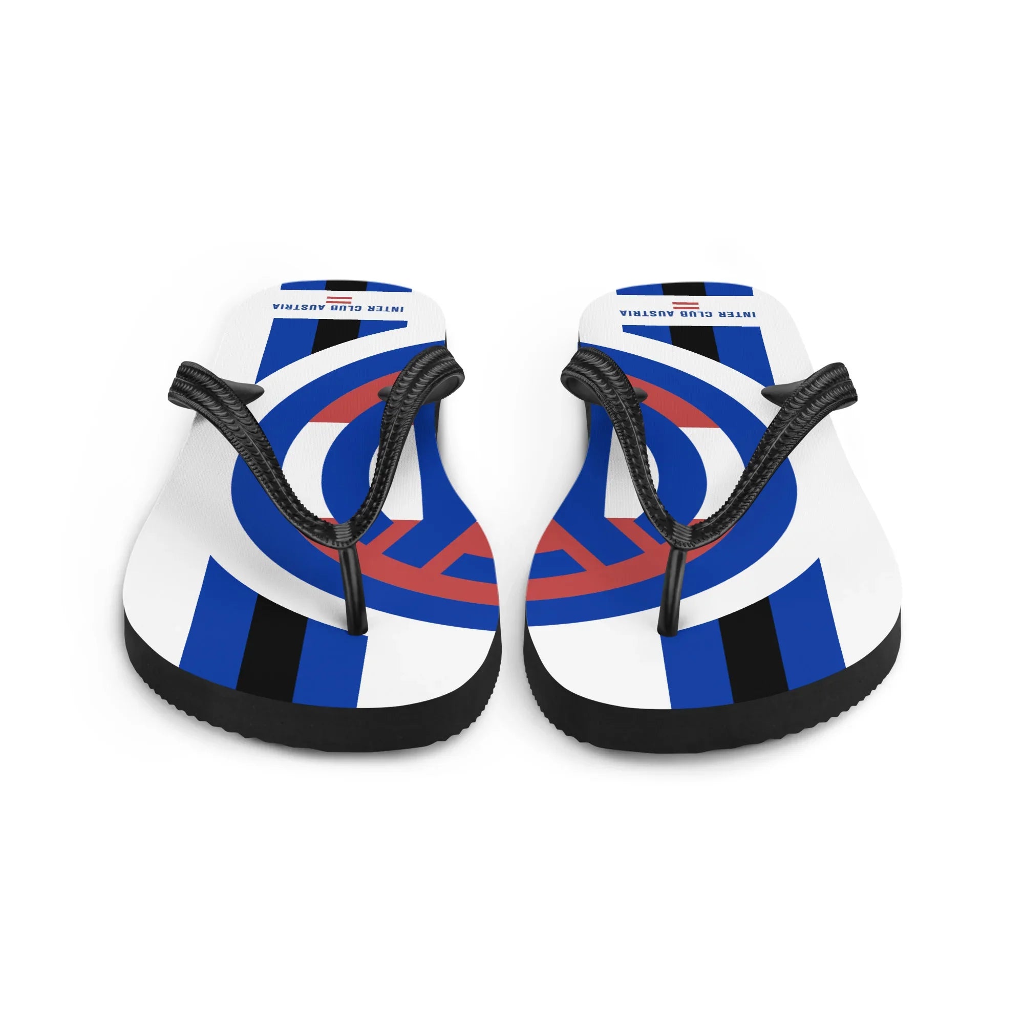 Ein Paar CREWILD Flip-Flops mit Inter Club Austria Logo in Blau, Rot und Weiß.