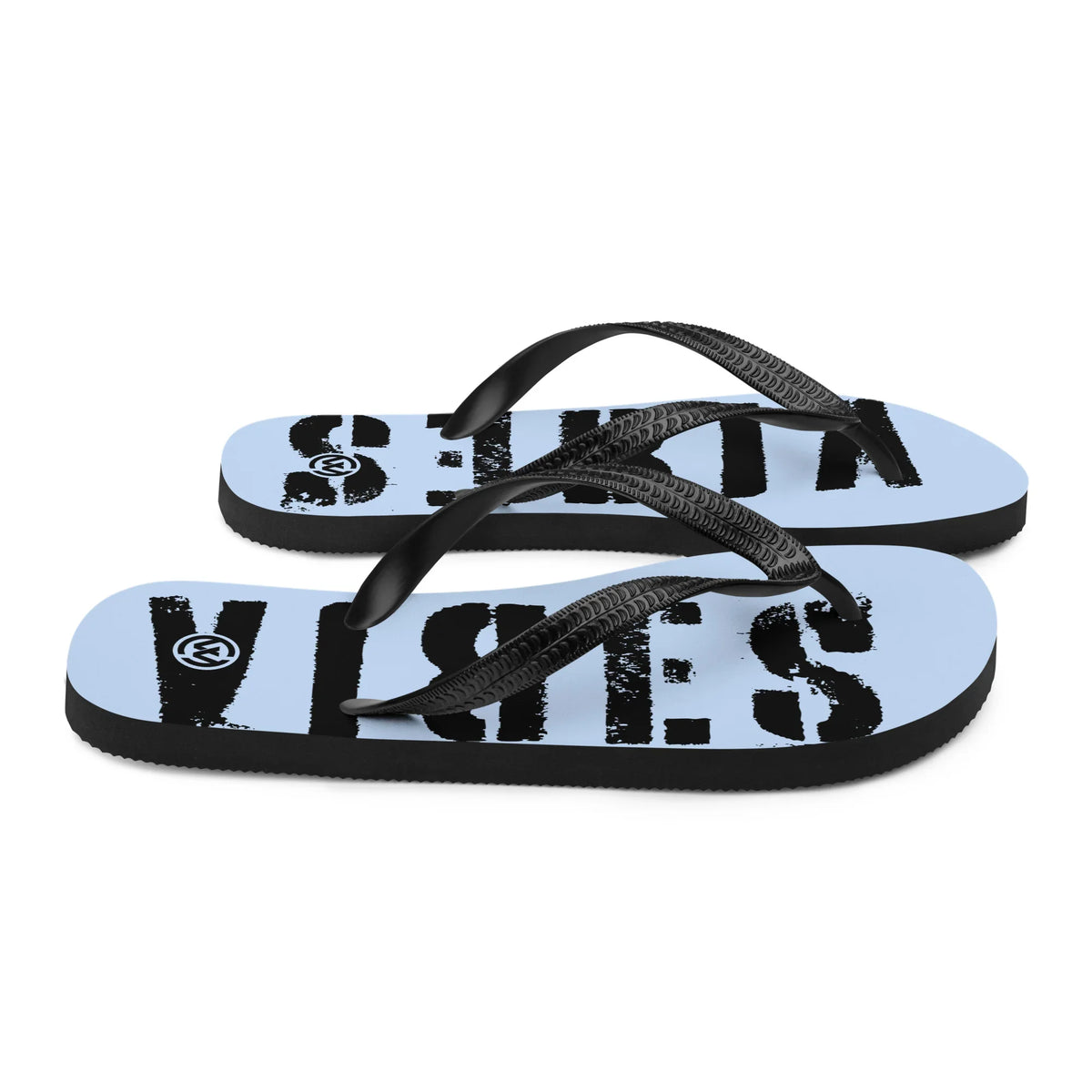 Hellblaue CREWILD Flip-Flops mit schwarzem Riemen und schwarzem VIBES-Schriftzug