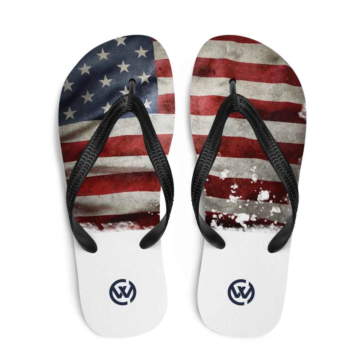 CREWILD Flip-Flops mit US-Flagge Design im Vintage-Look auf weißem Hintergrund