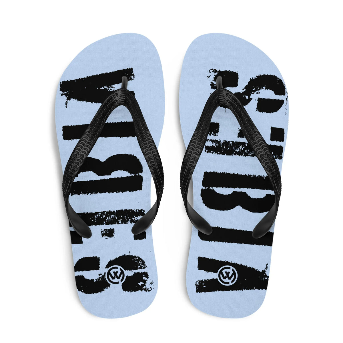 Hellblaue CREWILD Flip-Flops mit schwarzen Riemen und abstraktem schwarzen Grafikprint.