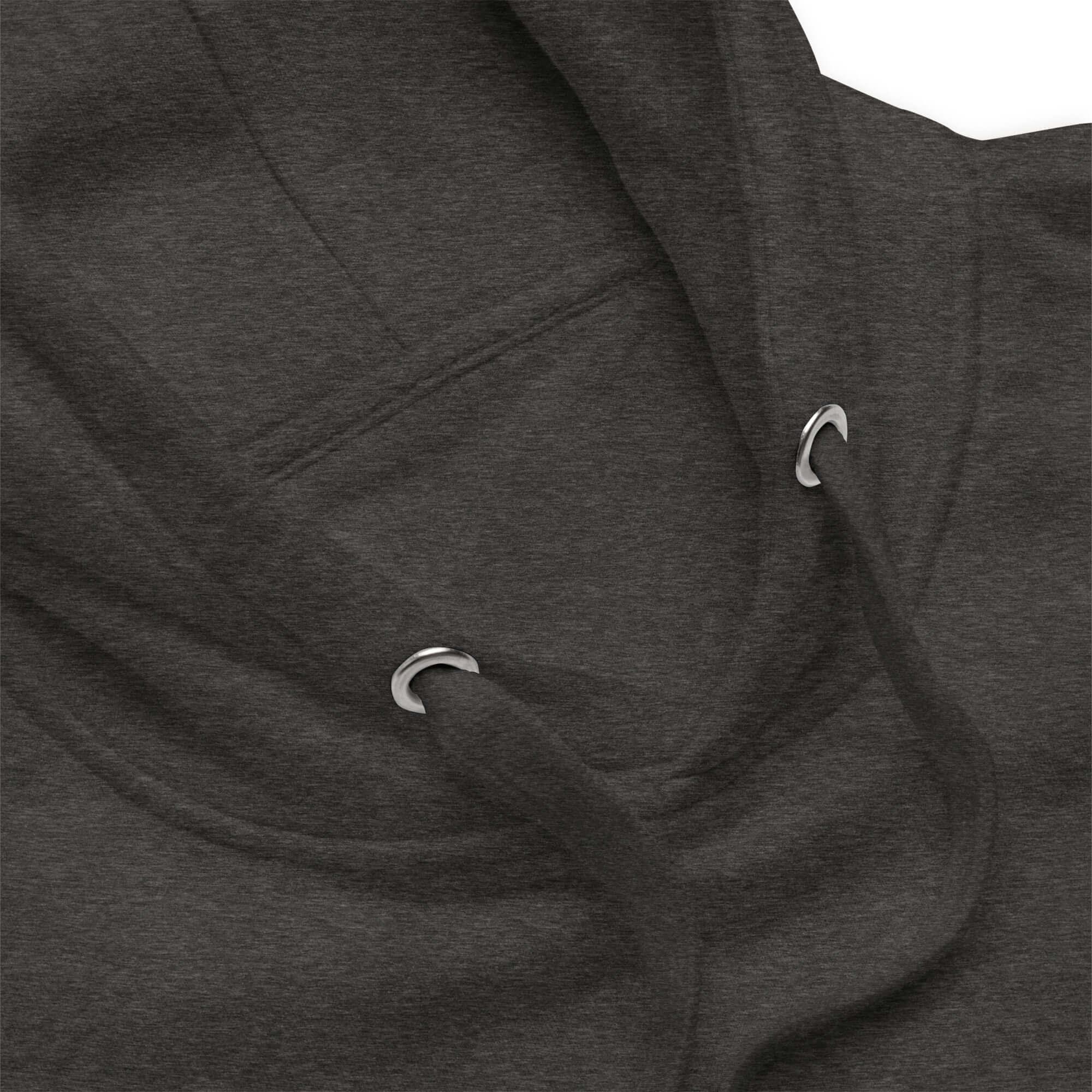 Detailansicht Kapuze eines Unisex Hoodie in Dunkelgrau mit Kordelzug, Baumwollmischung