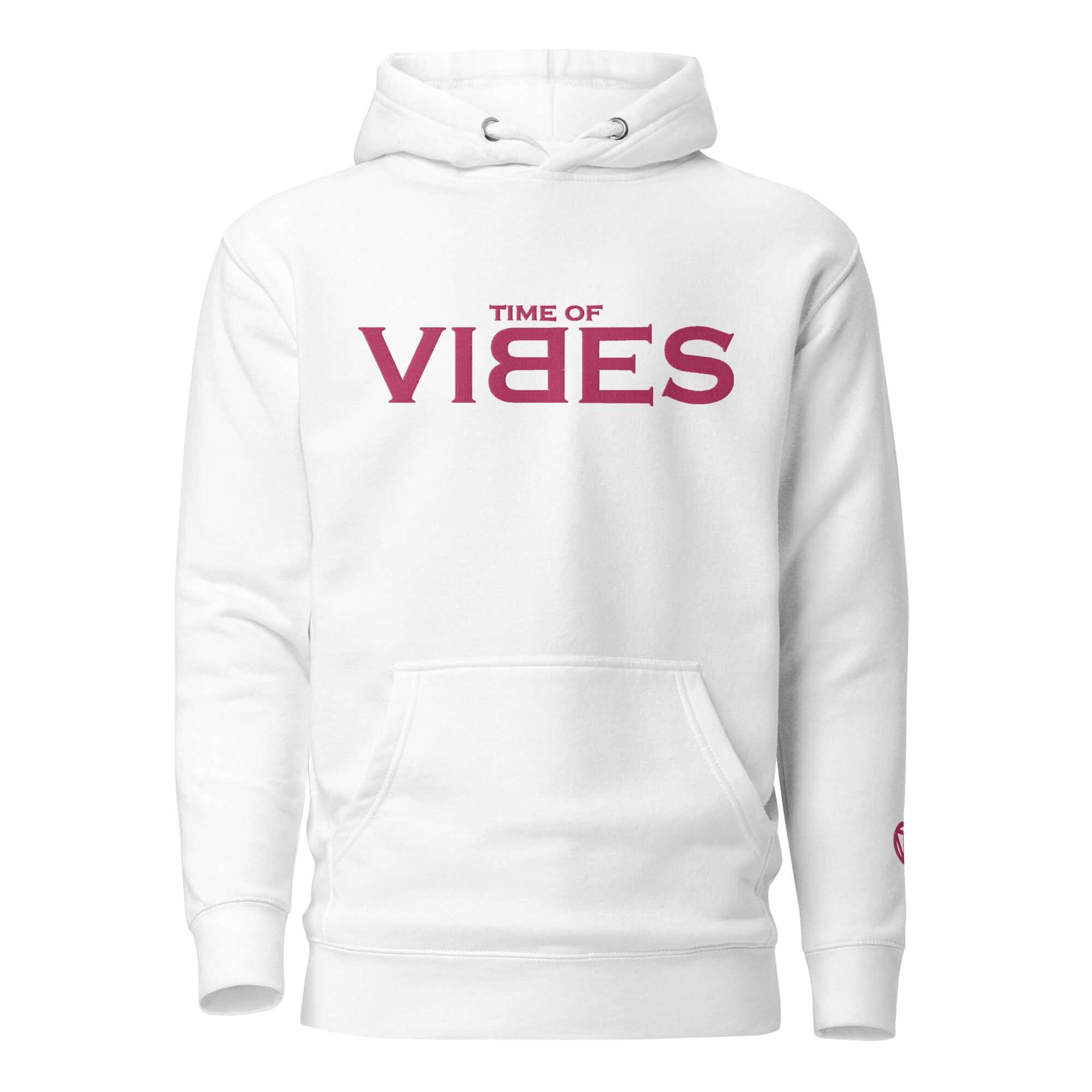 Weißer Unisex Hoodie mit Aufschrift TIME OF VIBES in Rot, Frontansicht, Modeartikel
