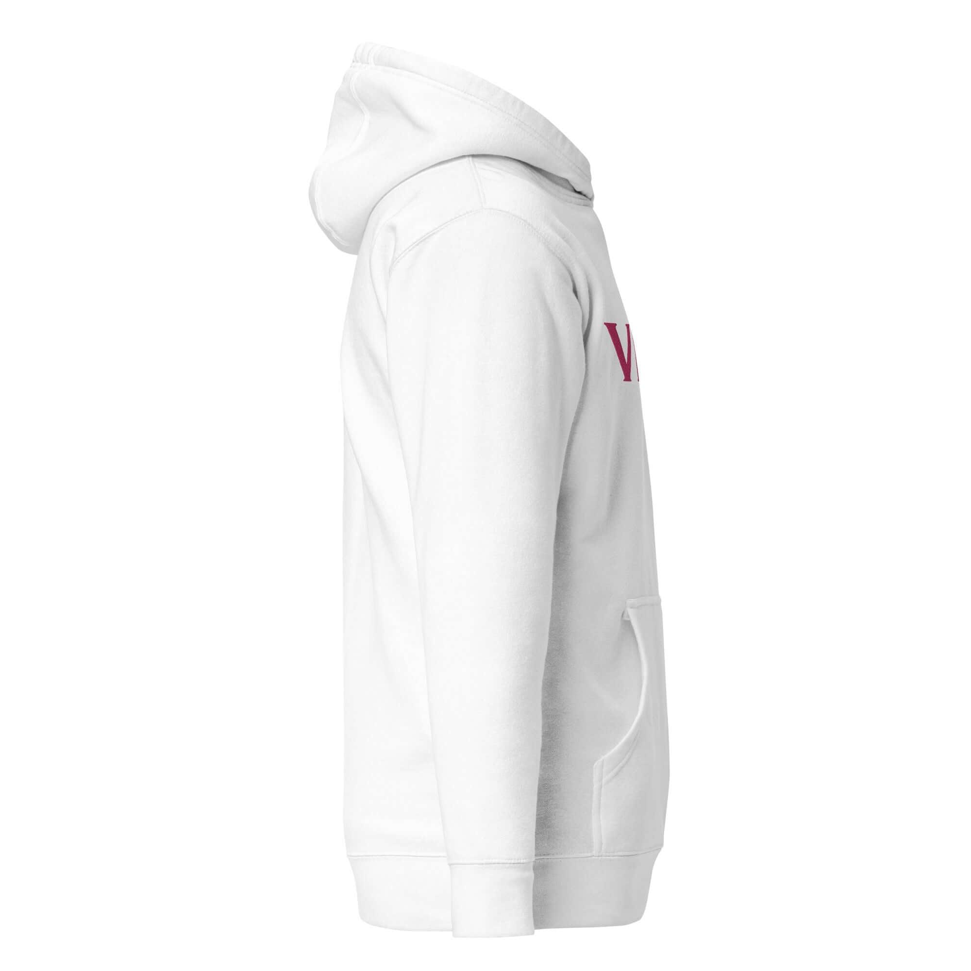 Unisex Premium Hoodie weiß, Seitenansicht, Kapuze, Kängurutasche, minimalistisch