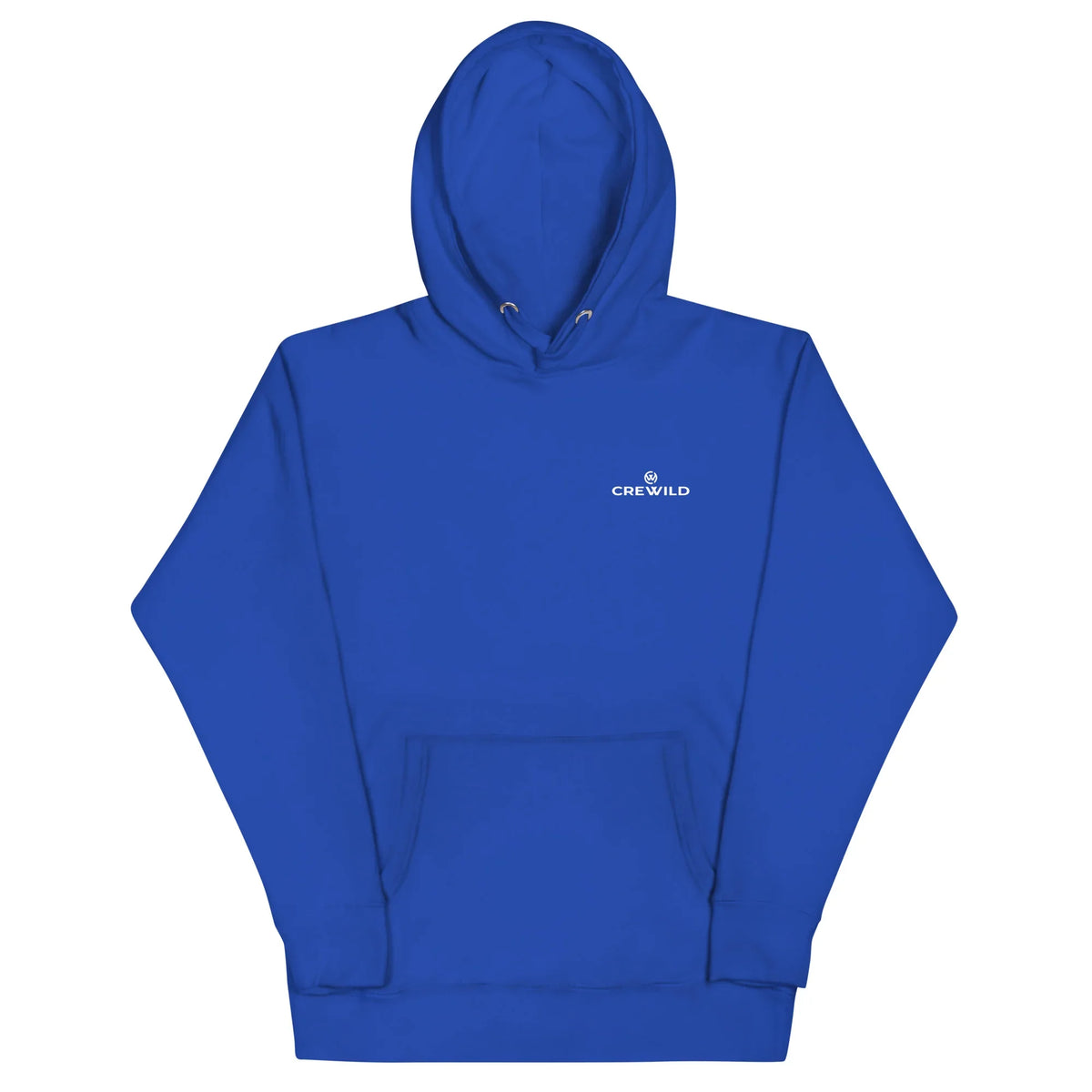 Blauer Unisex Hoodie von CREWILD mit kleinem weißen Logo auf der Brust