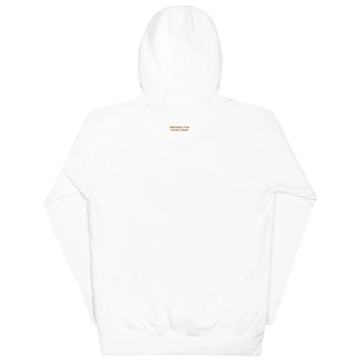 Rückseite eines weißen Hoodies mit dem orangefarbenen Schriftzug &