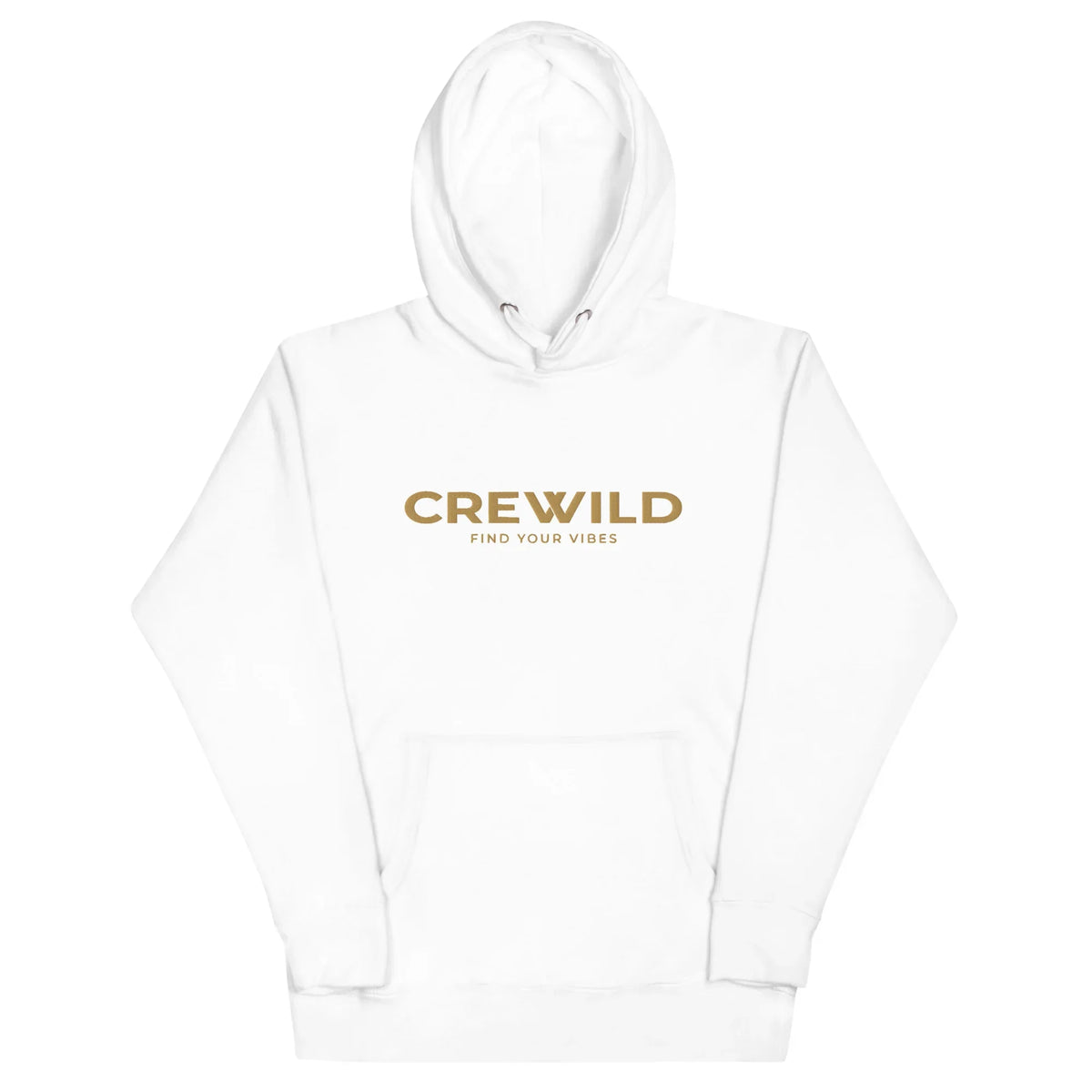 Weißer Hoodie mit goldfarbenem CREWILD Schriftzug und Slogan FIND YOUR VIBES