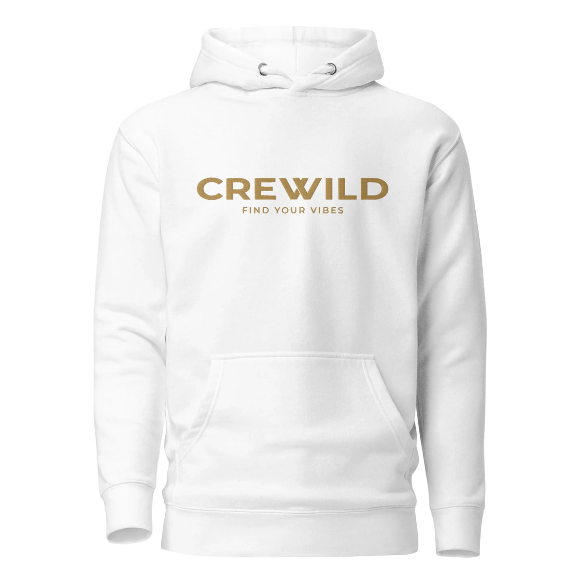 Weißer Hoodie mit goldenem CREWILD-Aufdruck und dem Slogan FIND YOUR VIBES