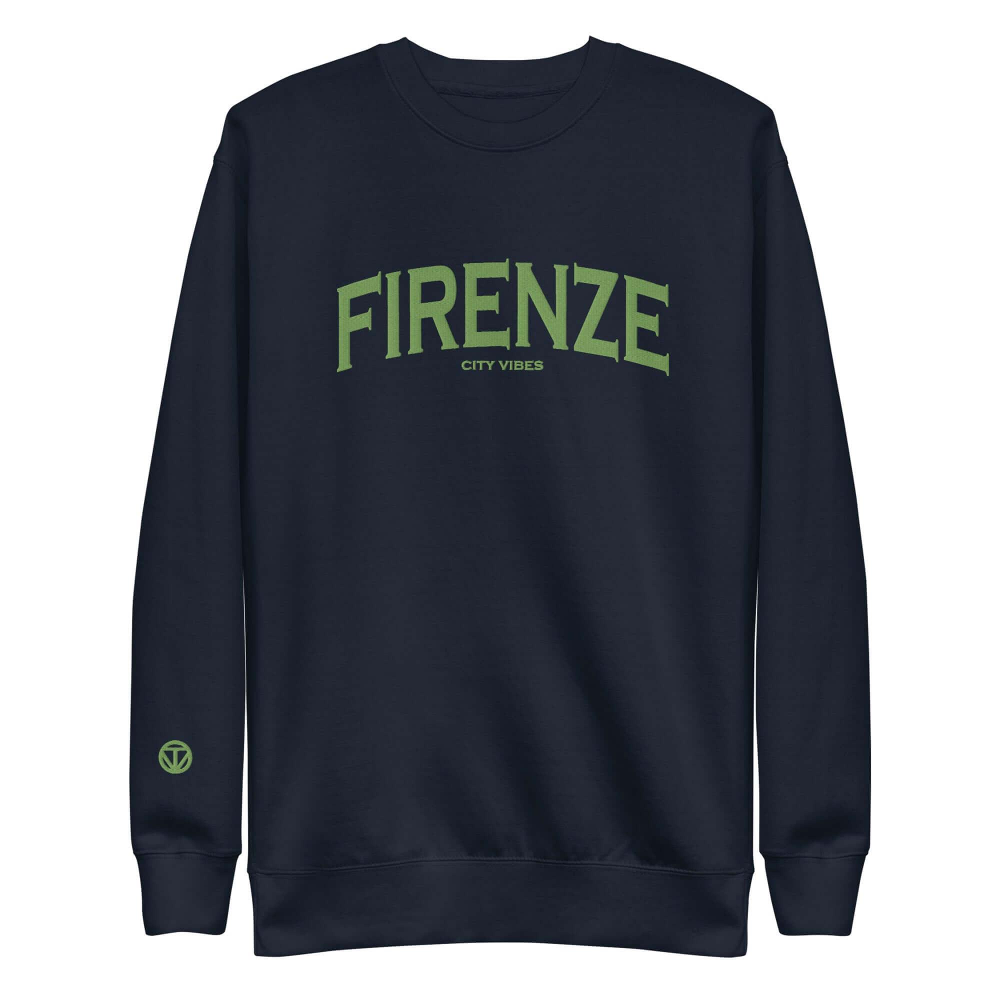 Unisex navy Sweatshirt mit grünem Firenze City Vibes Print auf der Vorderseite.