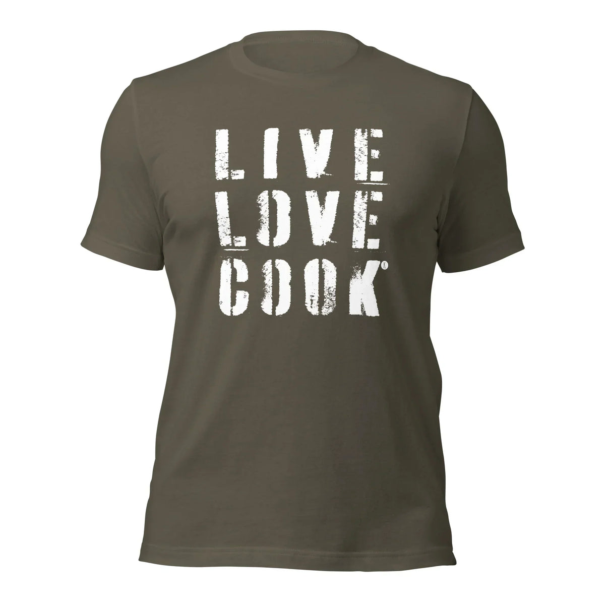 Olivgrünes Unisex T-Shirt von CREWILD mit dem weißen Aufdruck LIVE LOVE COOK