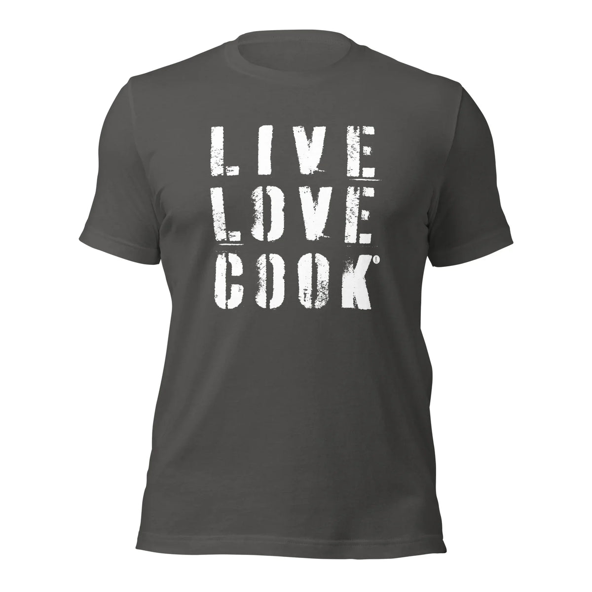 Graues Unisex T-Shirt von CREWILD mit weißem Aufdruck LIVE LOVE COOK