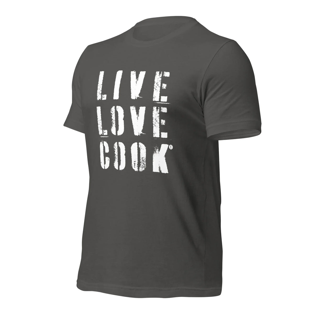 Graues Unisex T-Shirt von CREWILD mit weißem Aufdruck LIVE LOVE COOK