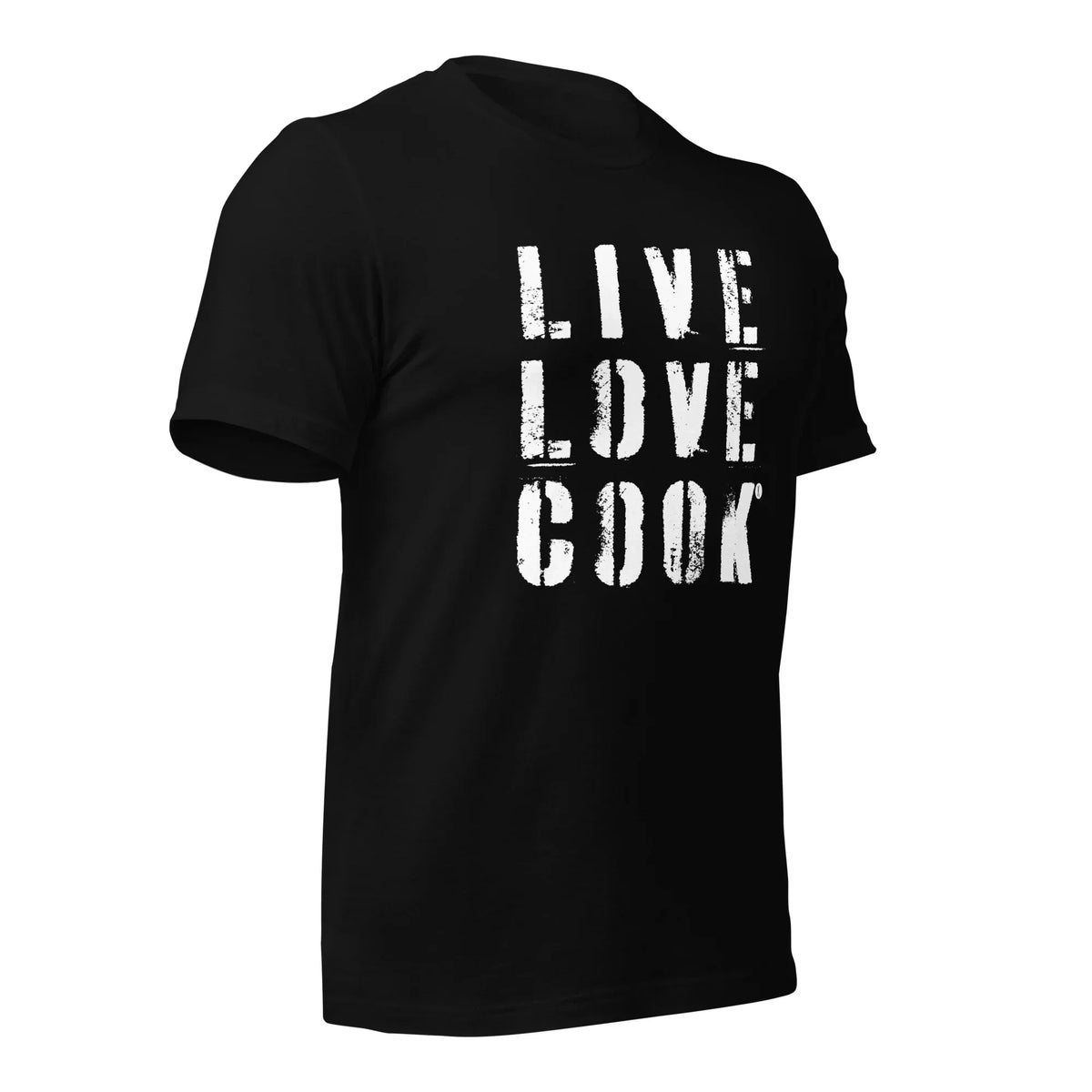Schwarzes Unisex T-Shirt von CREWILD mit weißem Aufdruck LIVE LOVE COOK