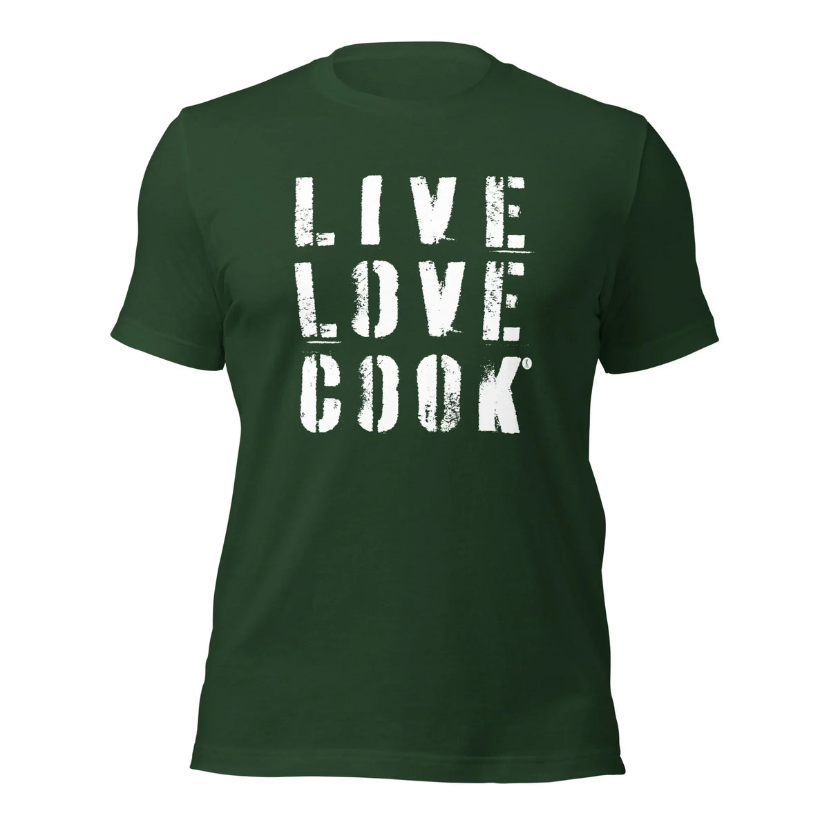 Dunkelgrünes CREWILD Unisex T-Shirt mit dem weißen Aufdruck LIVE LOVE COOK