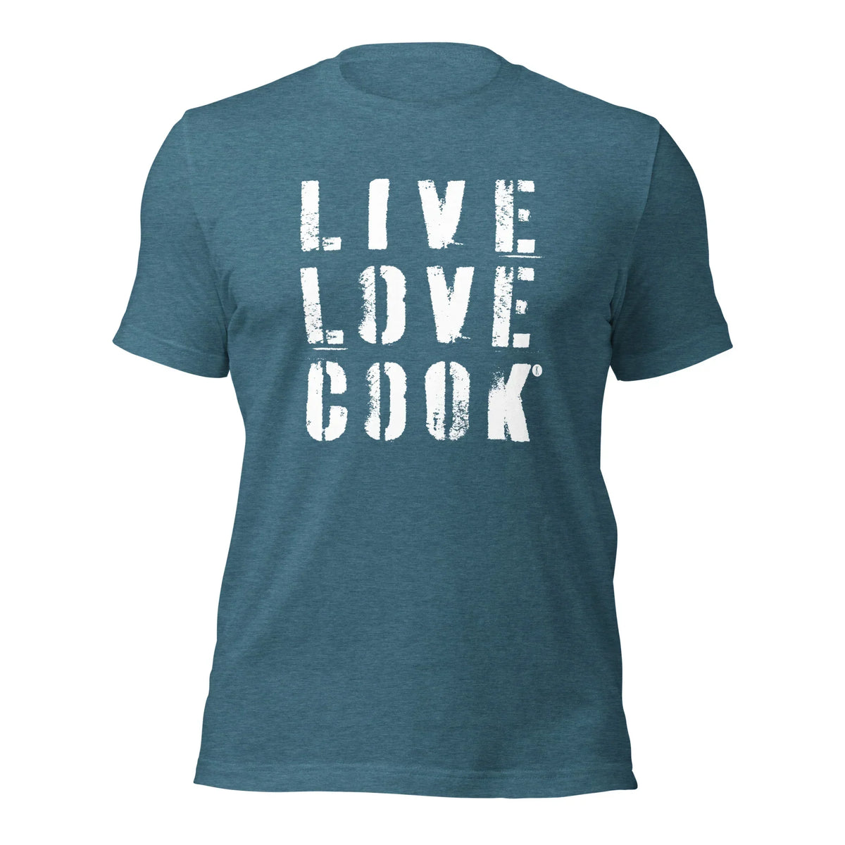 Petrolfarbenes Unisex T-Shirt von CREWILD mit weißem Aufdruck LIVE LOVE COOK
