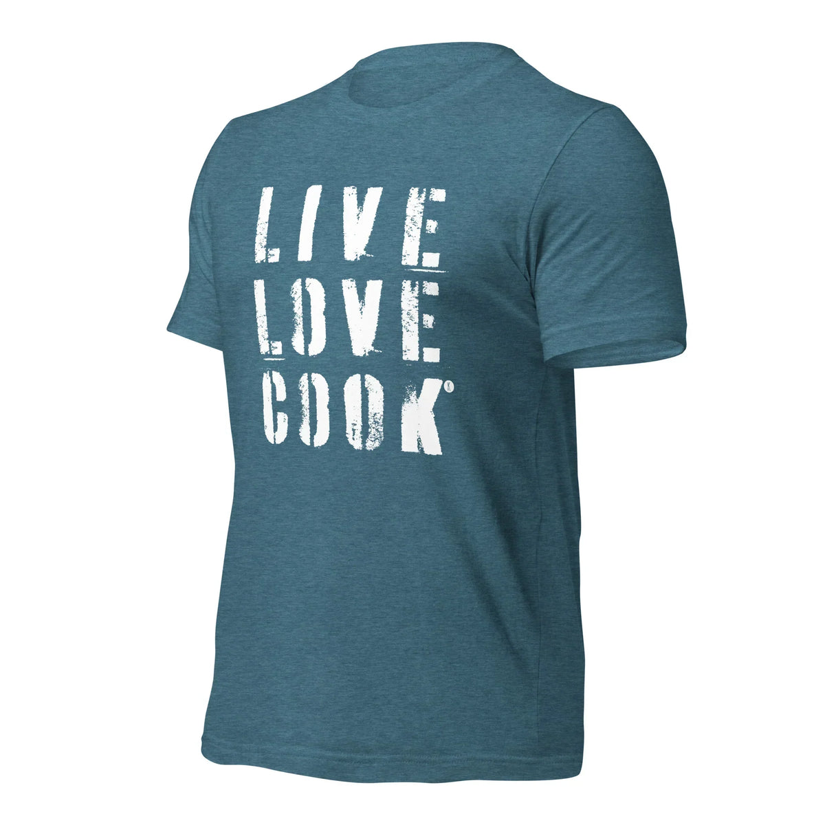 Blaues Unisex T-Shirt von CREWILD mit dem weißen Aufdruck LIVE LOVE COOK