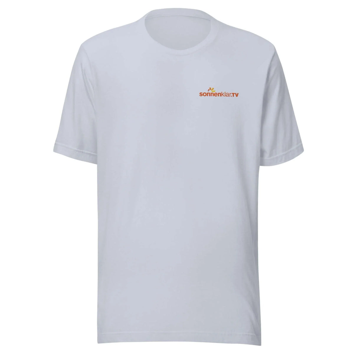 Weißes T-Shirt mit kleinem sonnenklar.tv Logo auf der linken Brustseite.