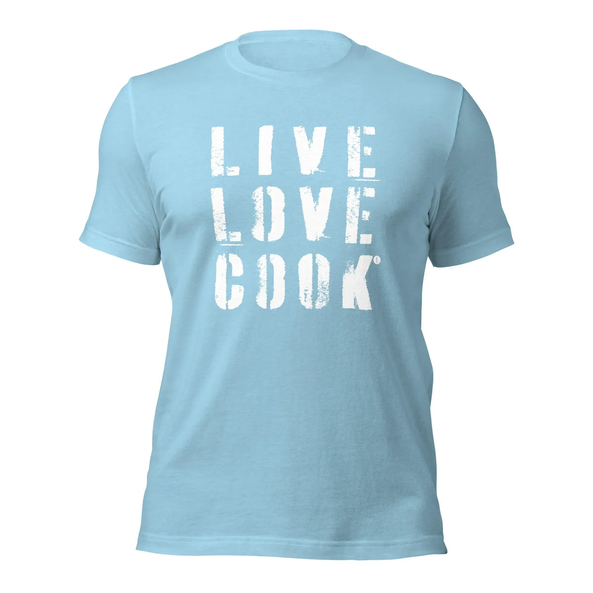 Hellblaues Unisex T-Shirt von CREWILD mit weißem Aufdruck LIVE LOVE COOK