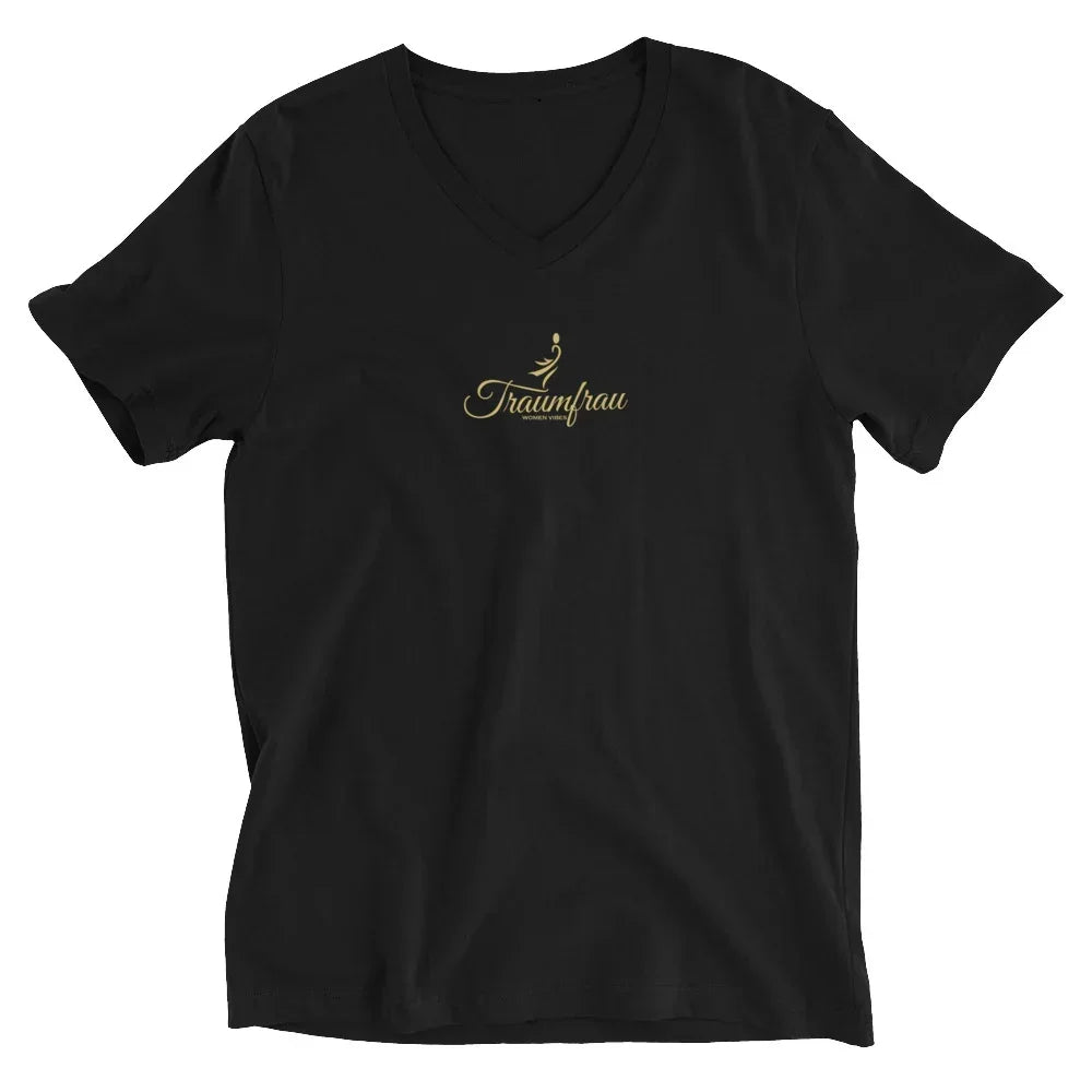 Schwarzes CREWILD V-Ausschnitt T-Shirt mit goldenem Traumfrau-Aufdruck