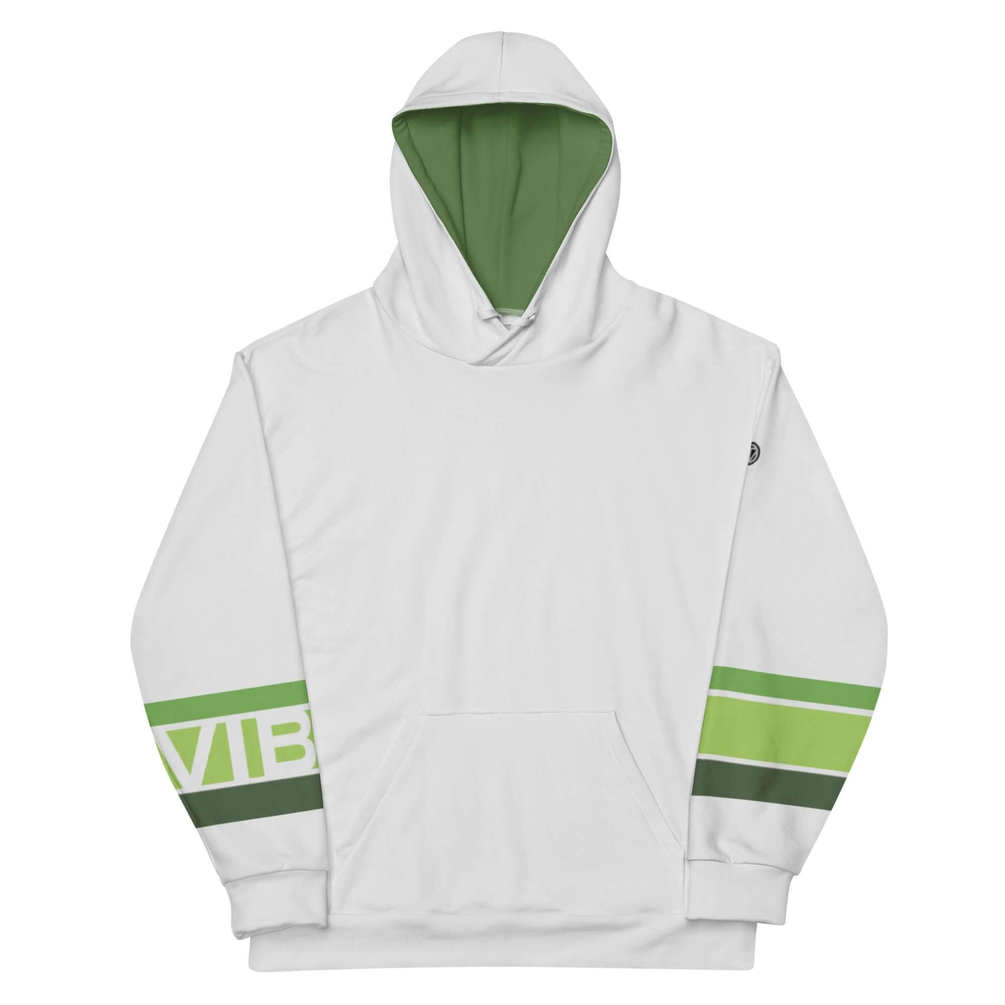 Hellgrauer Hoodie mit grüner Kapuze, grünen Streifen und VIBES-Logo auf dem Ärmel