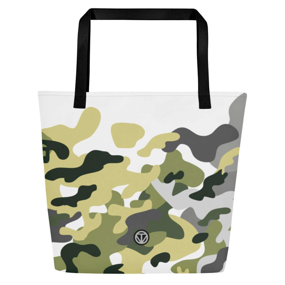 VIBES Tragetasche mit Camouflage-Muster und schwarzen Henkeln auf weißem Hintergrund