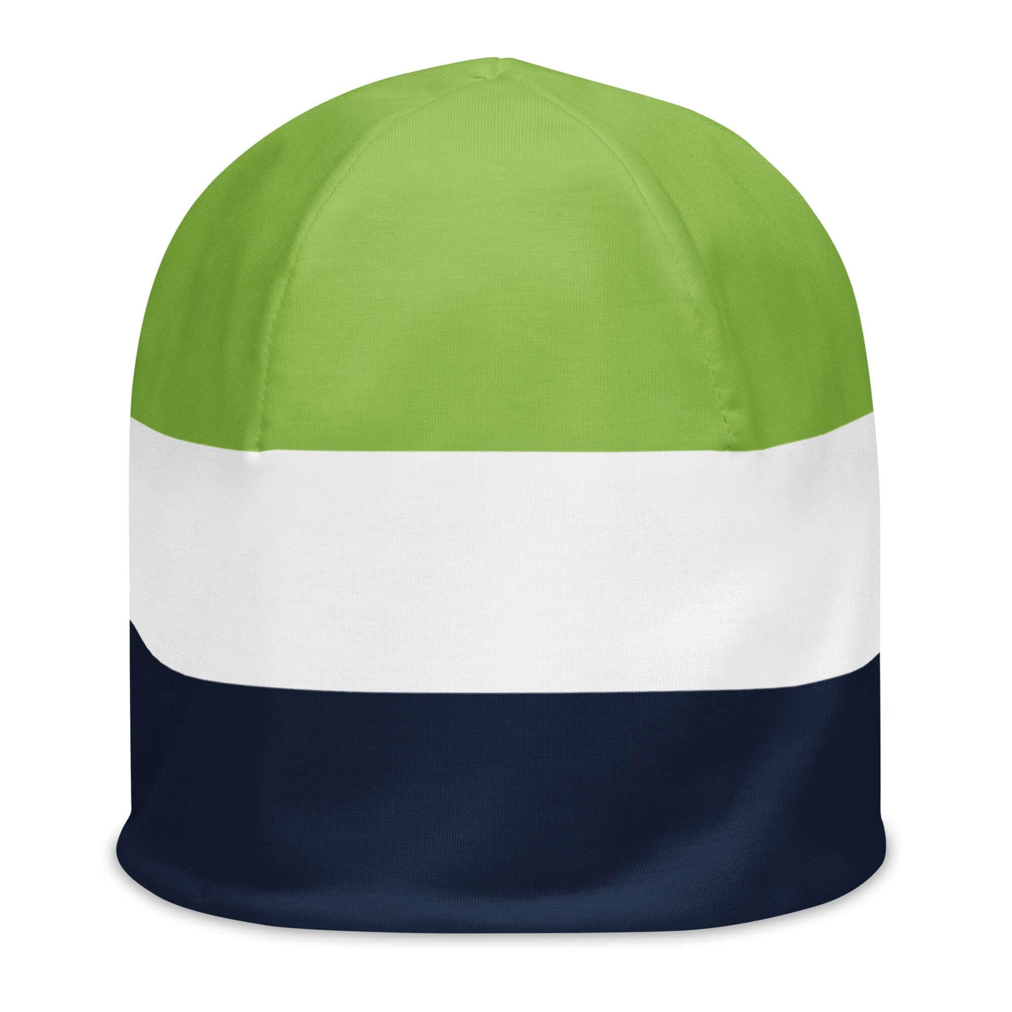 Mehrfarbige Beanie-Mütze mit grünen, weißen und dunkelblauen Streifen, Vorderansicht