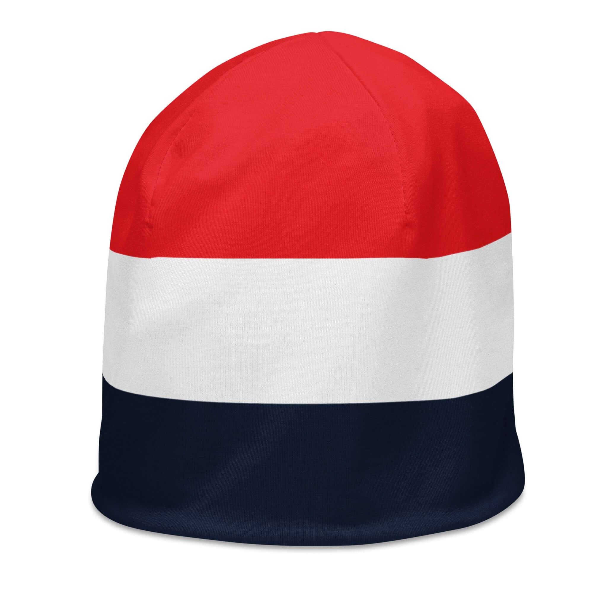 Beanie Mütze mit rot-weiß-blauen Streifen, Jersey Stoff, Allover-Print, Vorderansicht