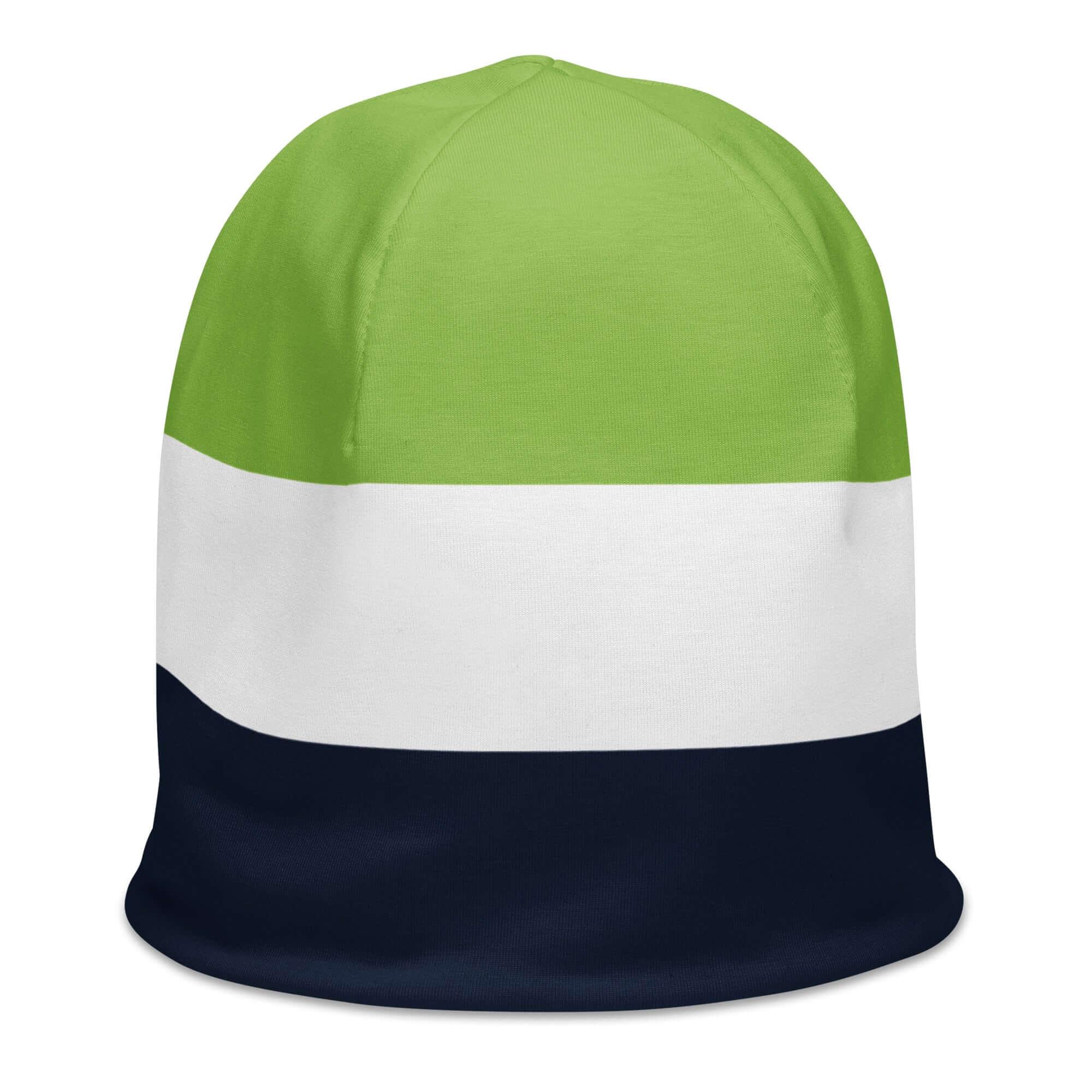 Beanie Mütze mit grün-weiß-blauem Streifenmuster, Allover-Druck, Vorderansicht