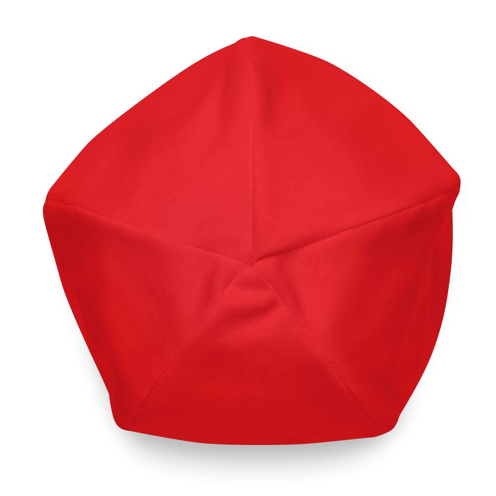 Rote Beanie Mütze aus Stoff, Draufsicht, Schlichtes Design, modisches Accessoire