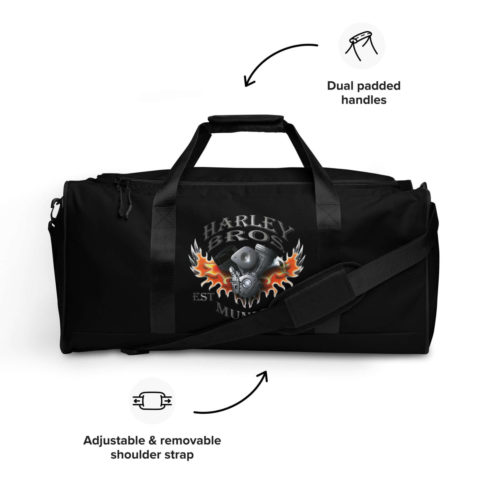 Schwarze Sporttasche mit Harley Bros Logo, Flammenmotiv, Tragegriffen und Schultergurt.