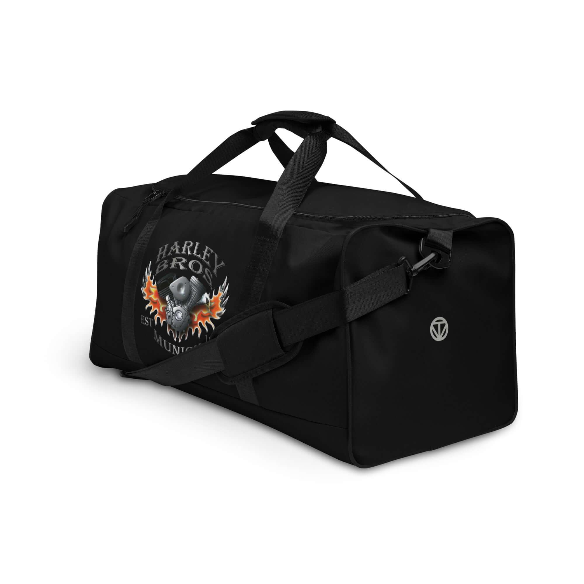 Schwarze Sporttasche mit Harley Bros Logo mit Flammen und Tragegurt, Vorderansicht