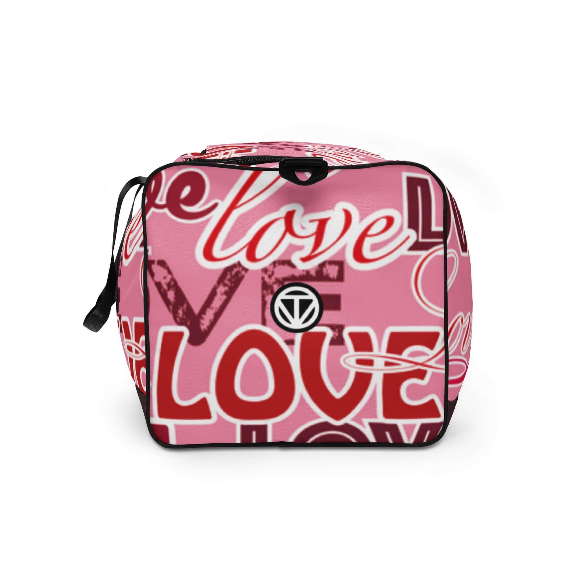 Duffle Bag rosa mit roten und weißen Love-Schriftzügen, Reisetasche mit modernem Print