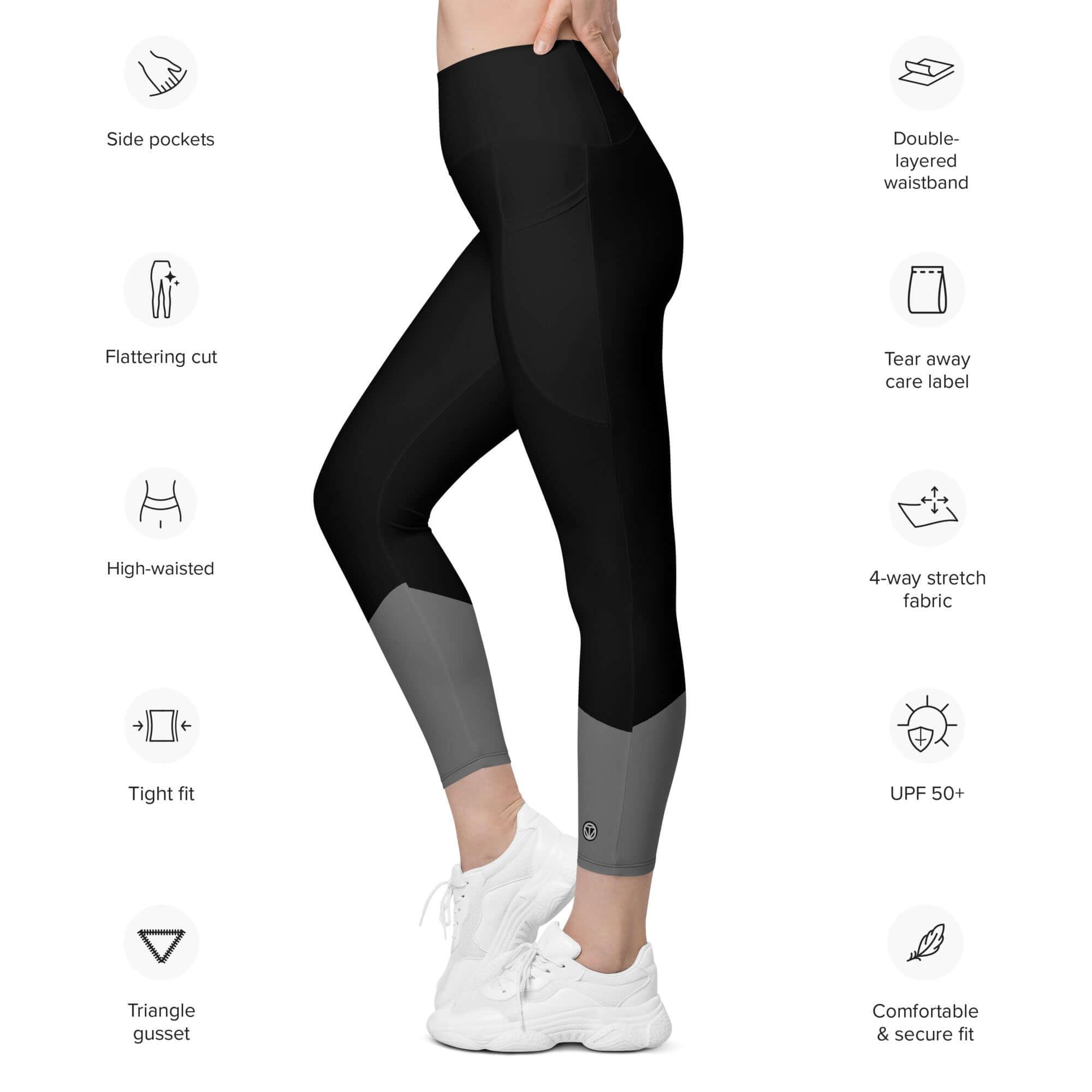 Damen Sport Leggings mit Seitentaschen, hoher Bund, schwarz-grau, enge Passform, weiße Sneaker
