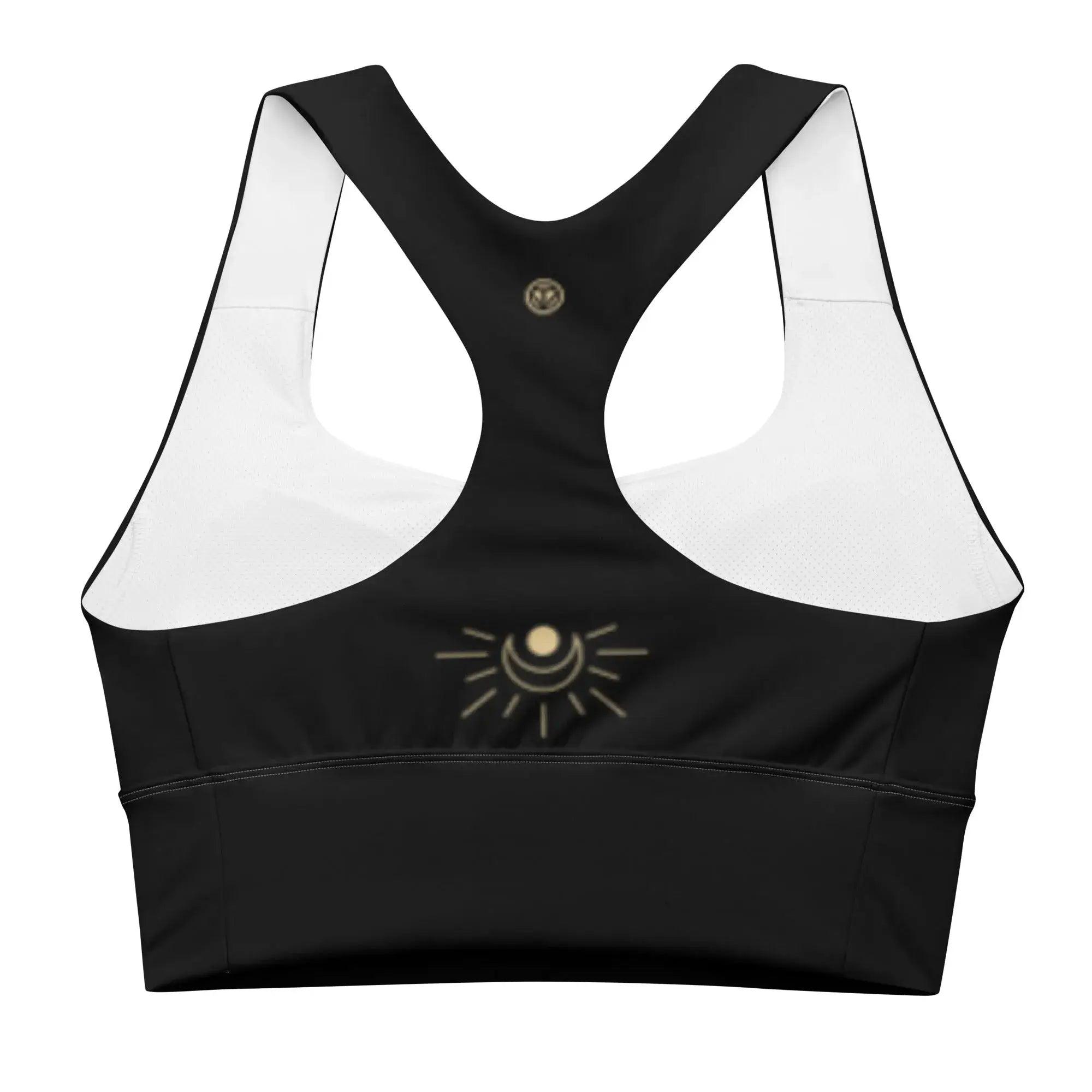 Schwarzer CREWILD Sport BH für Damen mit goldenem Mond- und Sonnenlogo auf der Rückseite