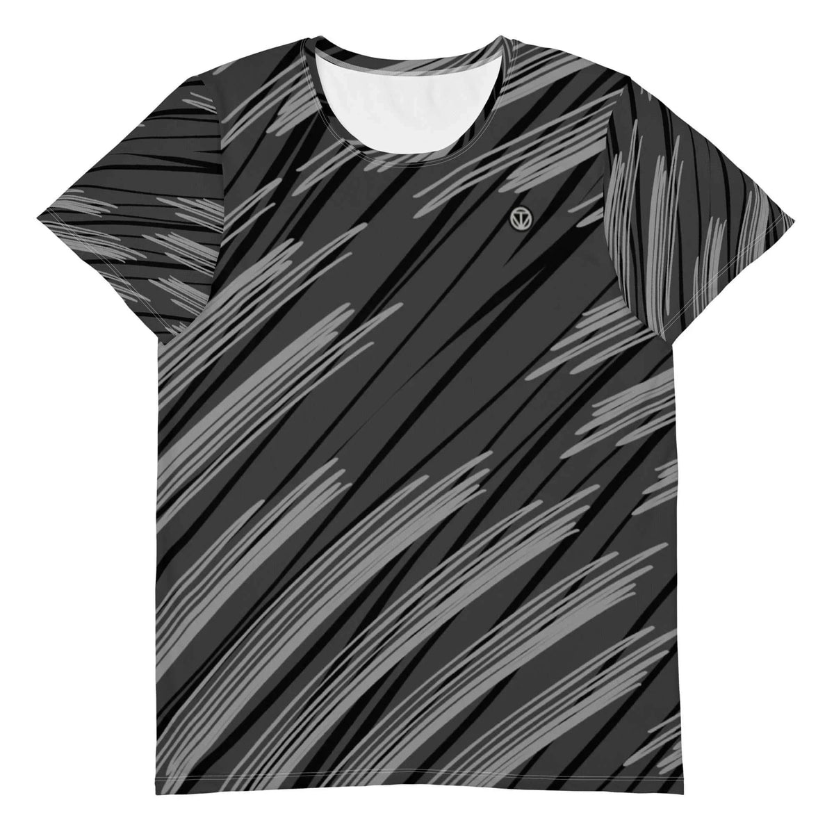 Kurzärmliges T-Shirt mit grau-schwarzem abstraktem Streifendesign und kleinem Logo